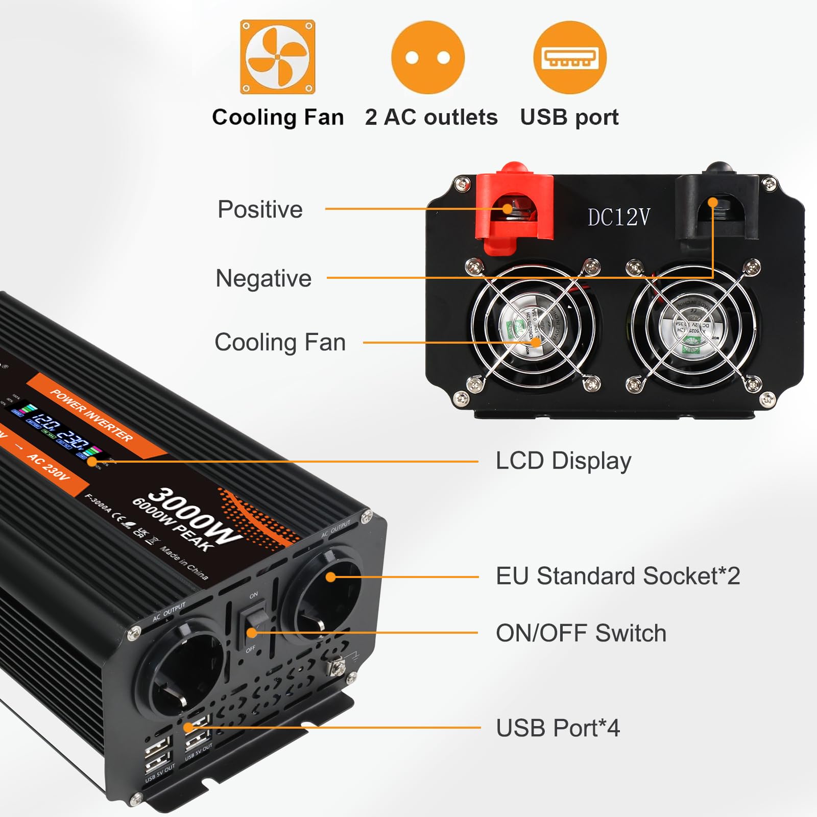 Yinleader 3000W /6000W Wechselrichter 12V auf 230V Spannungswandler mit LCD Display 2 EU Steckdosen 4 USB mit drahtloser Fernbedienung für Auto Camping Wohnmobil LKW Solaranlage