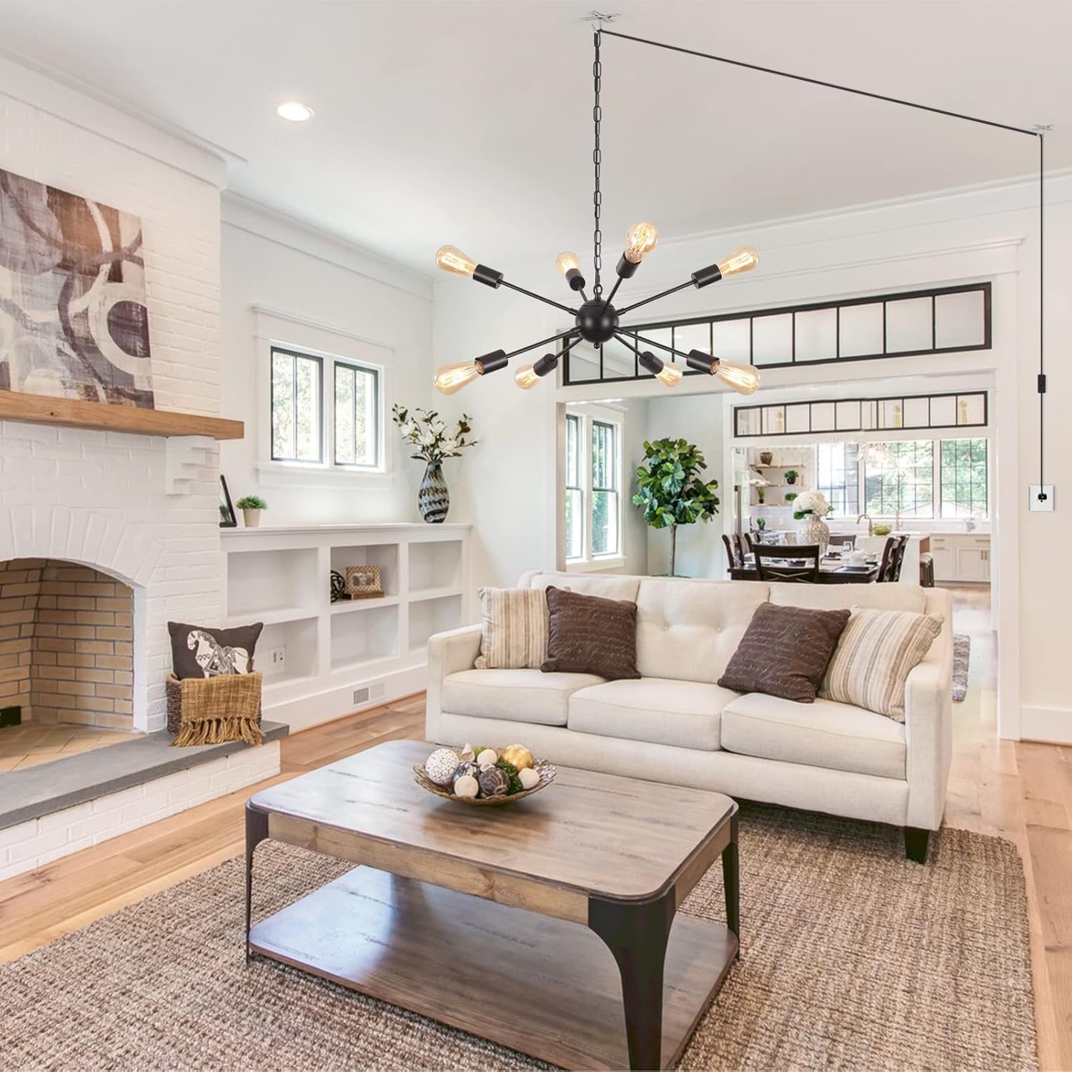 Plug in Chandelier 8-Light Black Chandeliers Light Fixture Cord On/Off Plug in Ceiling Lights 16.4ft Cord Adjustable Height for Kitchen Island Dining Room Bedroom