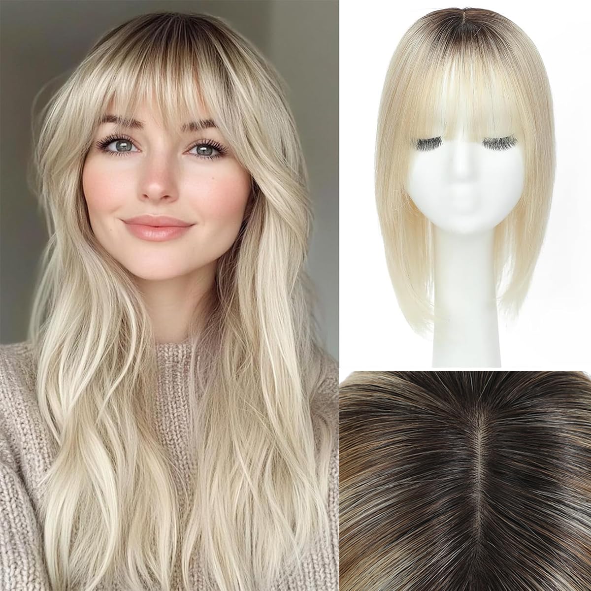 Hair Toppers for Thinning Hair Women Real Hairs ,Hairs Toppers for Women with Bangs Real Human Hairs 12inch Skin Scalp Big Base Cover Thinning or Loss Hari