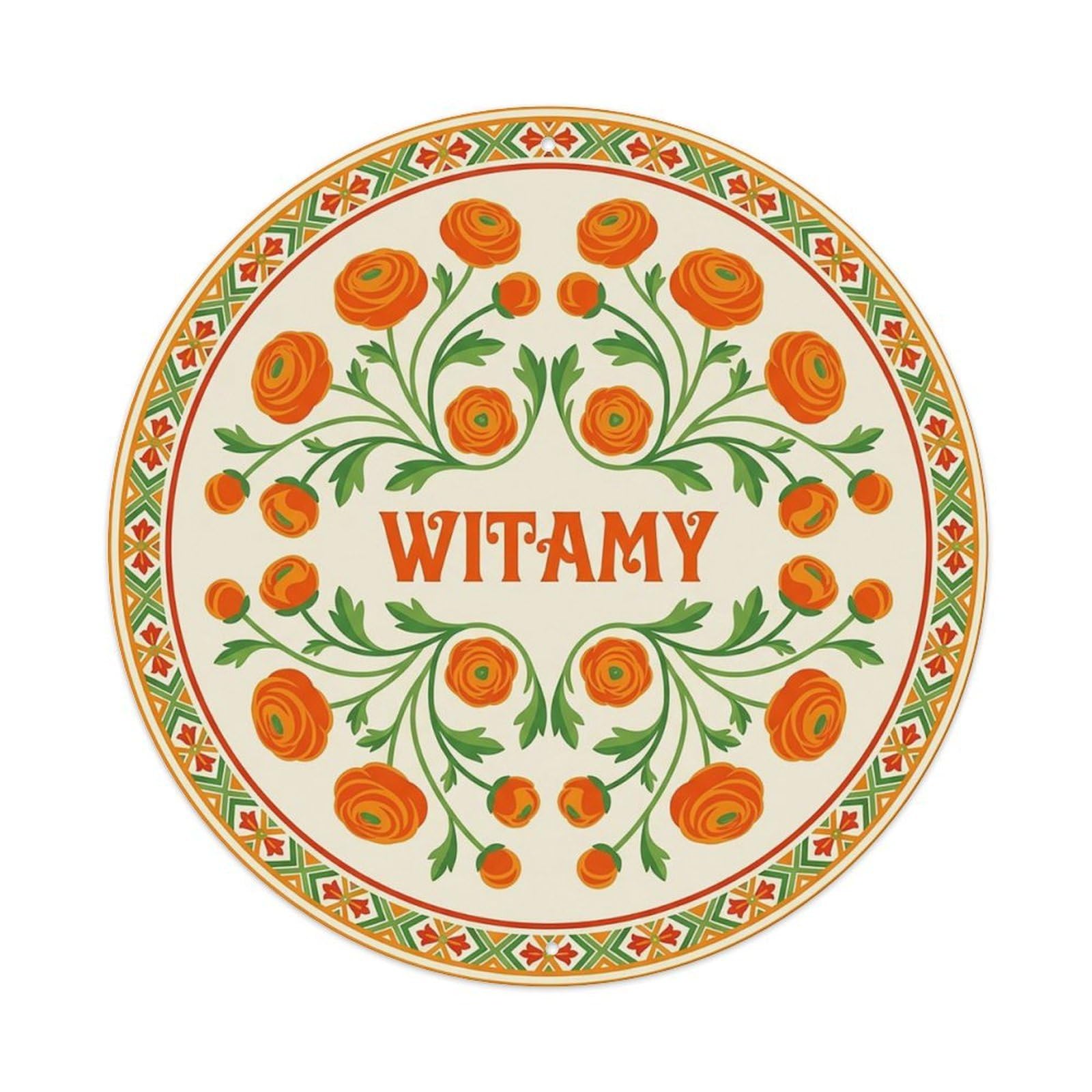 Vintage Polish Folk Art Witamy Welcome Ranunculus Orange Metal Tin Sign