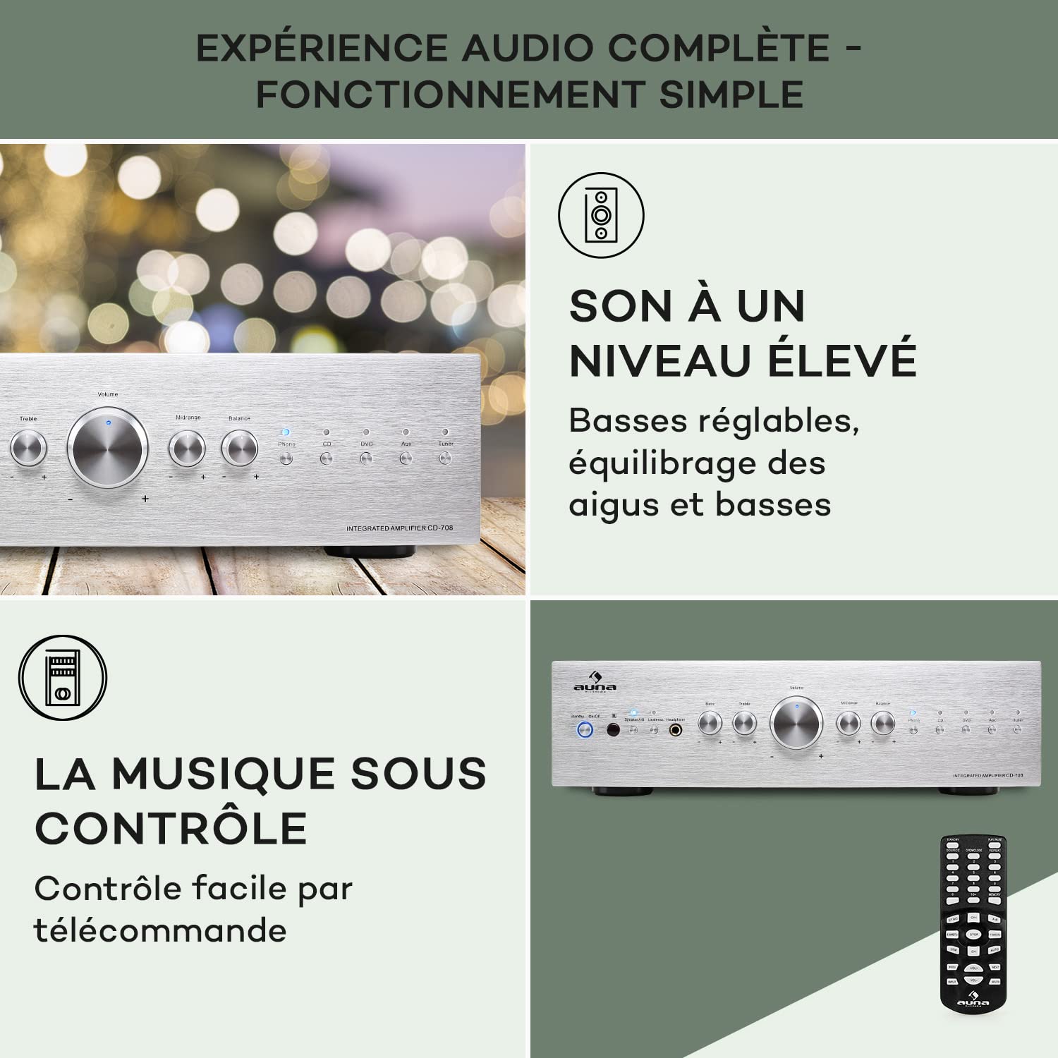 auna AV2-CD708 Amplificateur HiFi Sono stéréo (puissance de 600W max., égalisateur 3 bandes, 5 entrées RCA et une sortie RCA audio, télécommande, inox brossé) - argent