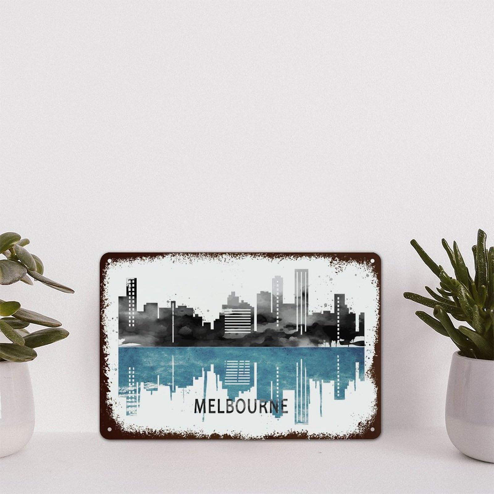 Retro Aluminum Tin Sign Melbourne City Skyline Poster Metal Decor Signs Australia Melbourne Landscape Funny Shabby Metal Sign For Courtyard Garden Bar Coffee Decor 8X12In