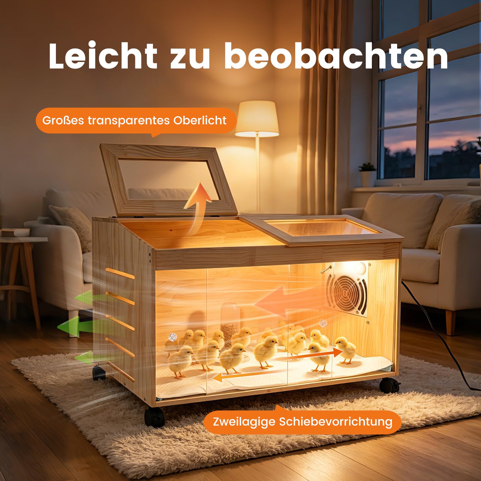 Kükenaufzuchtbox mit 4-Bremsrollen, intelligenter Brütkasten, Holzbrüter mit Temperaturregler, 80x40x40cm