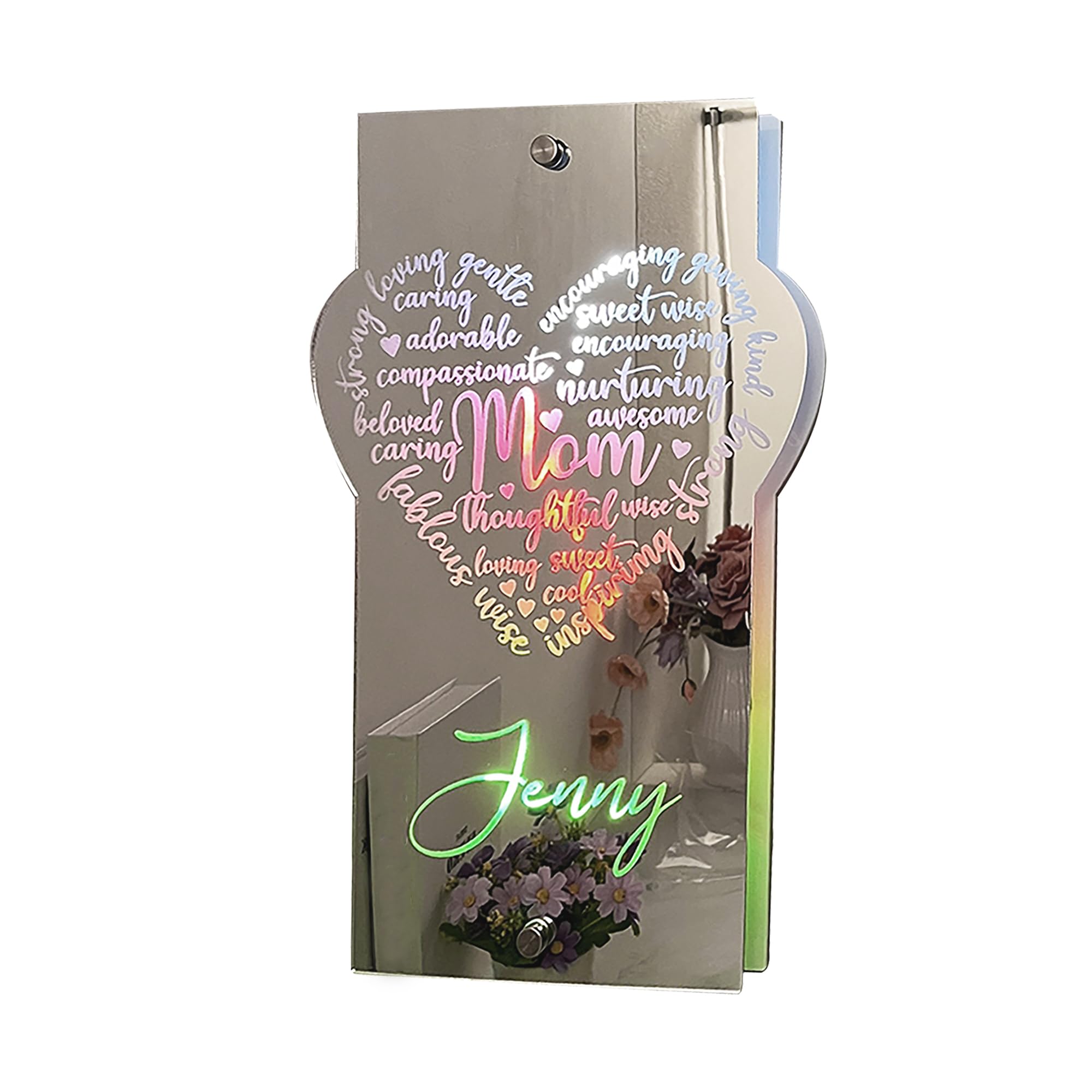 Personalized Name Affirmation Mirror Light Up Heart Mirror Mom Led Lamp 12 Colors Lighting Name Neon Sign for Mom Grandma Bedroom Wall Art Decor Mother's Day Christmas Anniversary Birthday Gift