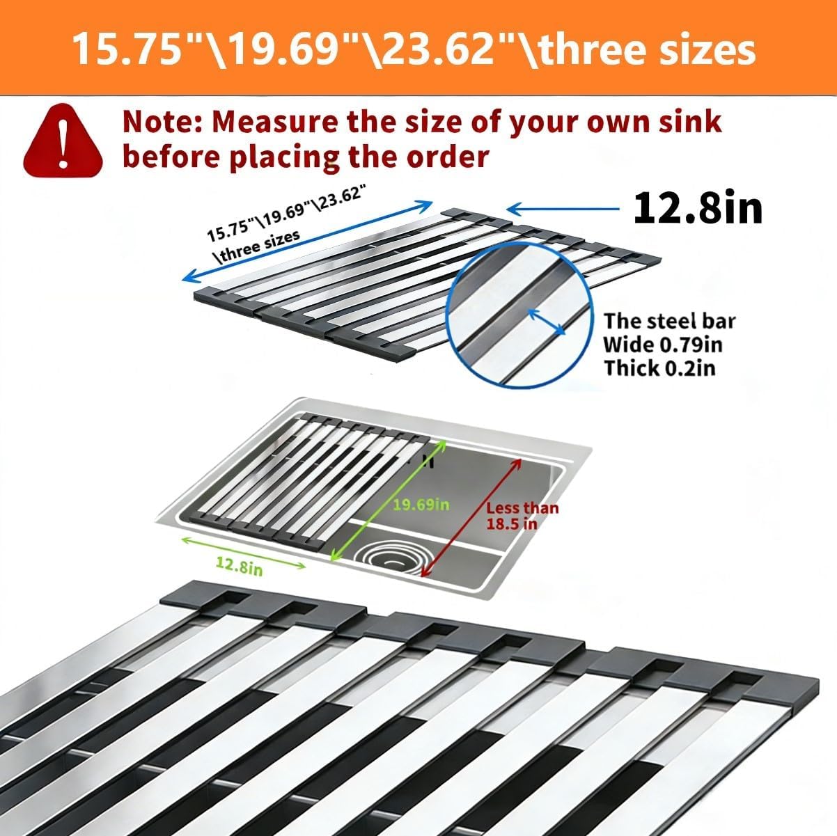 304 Stainless Steel Roll Up Dish Drying Rack Over The Sink, Foldable Anti-Slip Heat-Resistant Dish Drainer Sink Mat for Kitchen Rv Apartment XL