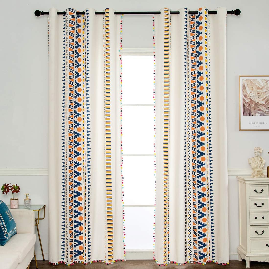 vctops Boho Cotton Linen Curtains with Colorful Pompoms Geometric Pattern Grommet Window Drapes for Bedroom Living Room, 1 Panel (Colorful,59"x71")
