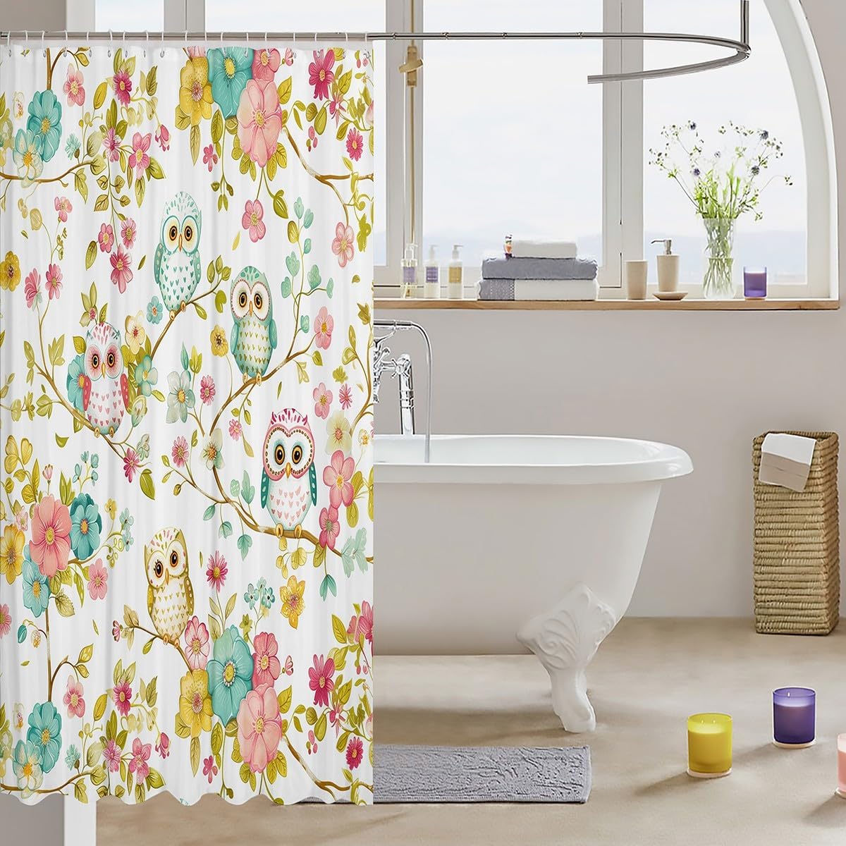 Feelyou Owl Shower Curtain 72"x78" Colorful Floral Owls Bath Curtain for Boys Girls Teens Bird Bathroom Shower Curtain Set Waterproof Cartoon Owls Design Kids Bathroom Accessories 3D Animal