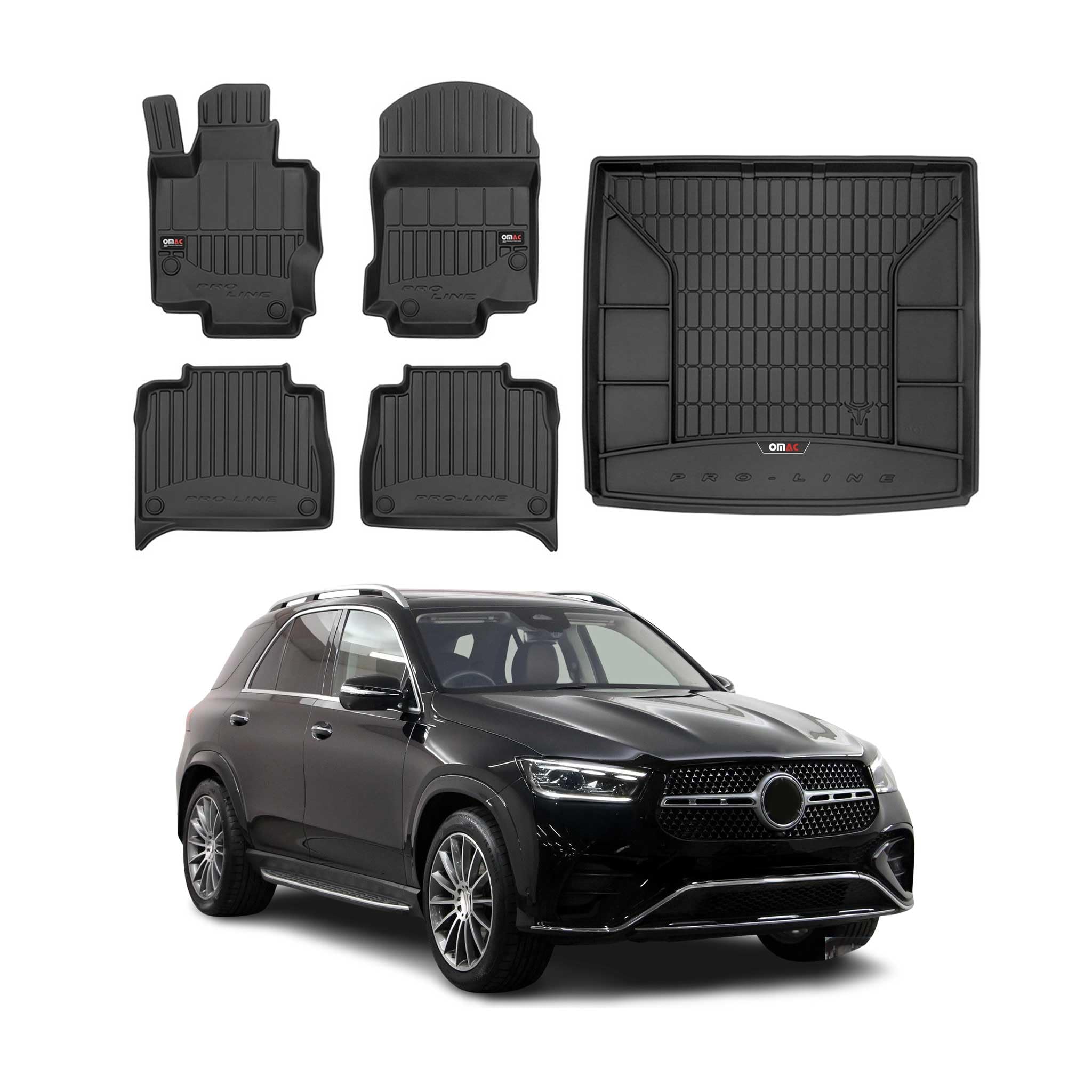 OMAC Fußmatten Kofferraumwanne für Mercedes GLE V167 2019-2026 Gummi 5tlg | inkl. Kofferraumwanne (Satz), Gummimatten, Automatten, Allwetter, fahrzeugspezifisches Produkt, 3D-Passform, Antirutsch