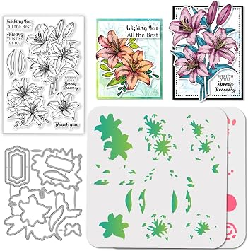 GLOBLELAND Lily Flowers Clear Stamps Cutting Dies and PET Painting Stencils Set for Card Making Greeintgs Silicone Stamp Label Die Cuts PET Paint Stencils for DIY Crafts Decor