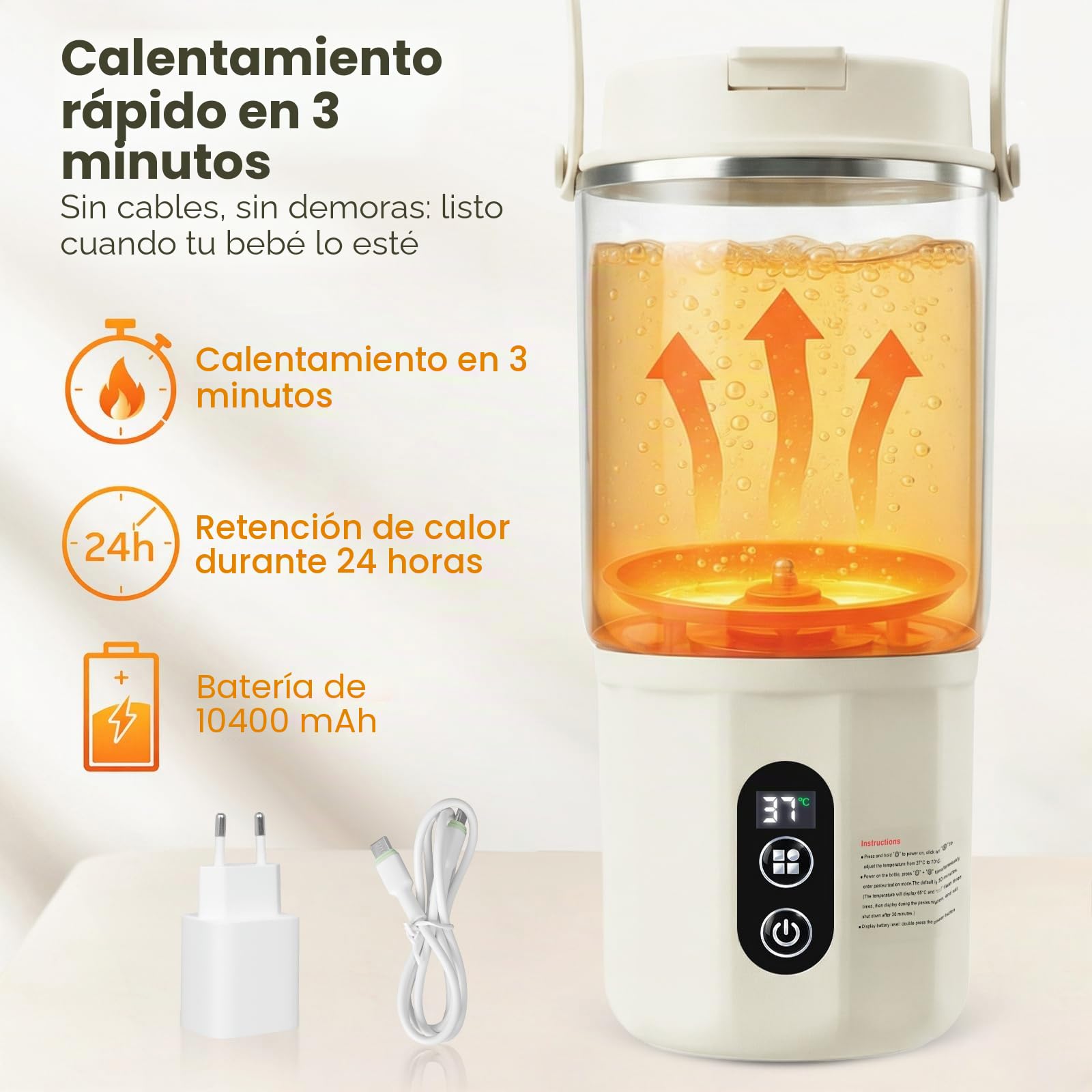 Calentador de Botellas Portátil - Calentador de botellas para bebés 2 en 1 Calentamiento rápido leche materna y agua, pasteurización, temperatura constante 24 horas durante todo el día (Beige)