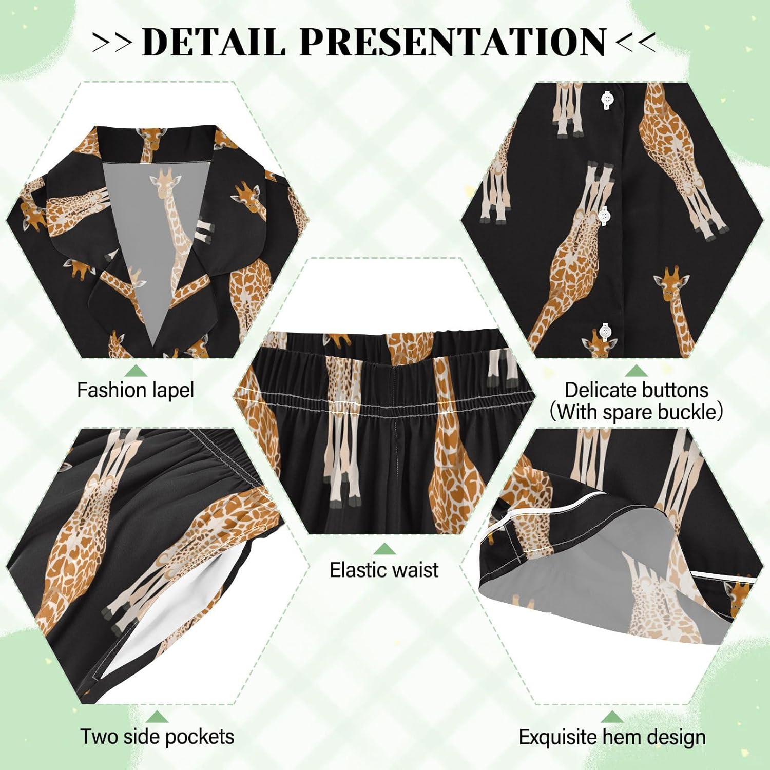 Meouocoe Womens Satin Silk Giraffe Pajamas Set Short Sleeve Button Down Sleepwear 2 Piece Pjs Set - Image 4