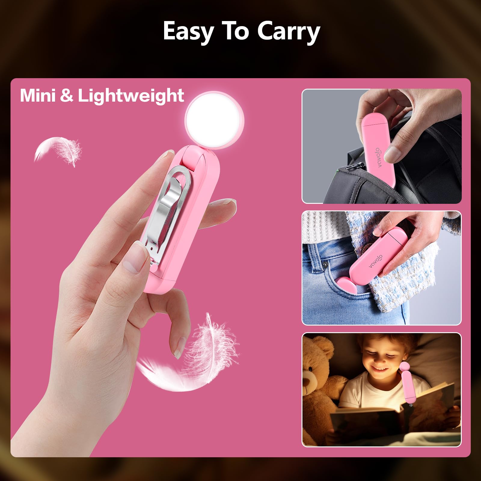 VAVOFO Luz de lectura recargable por USB con bloqueo de luz azul ámbar con clip en forma de marcador para lectura de gusanos de biblioteca en la cama (rosa)