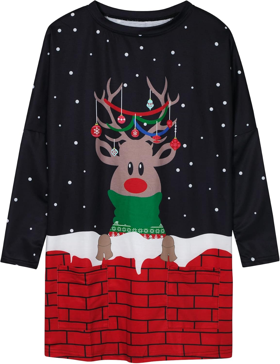 MOUSYA Women Dress Shirt Christmas Long Sleeve Tops Santa Printed Pullover Loose Plus Size T-Shirt Blouse with Pockets - Image 4