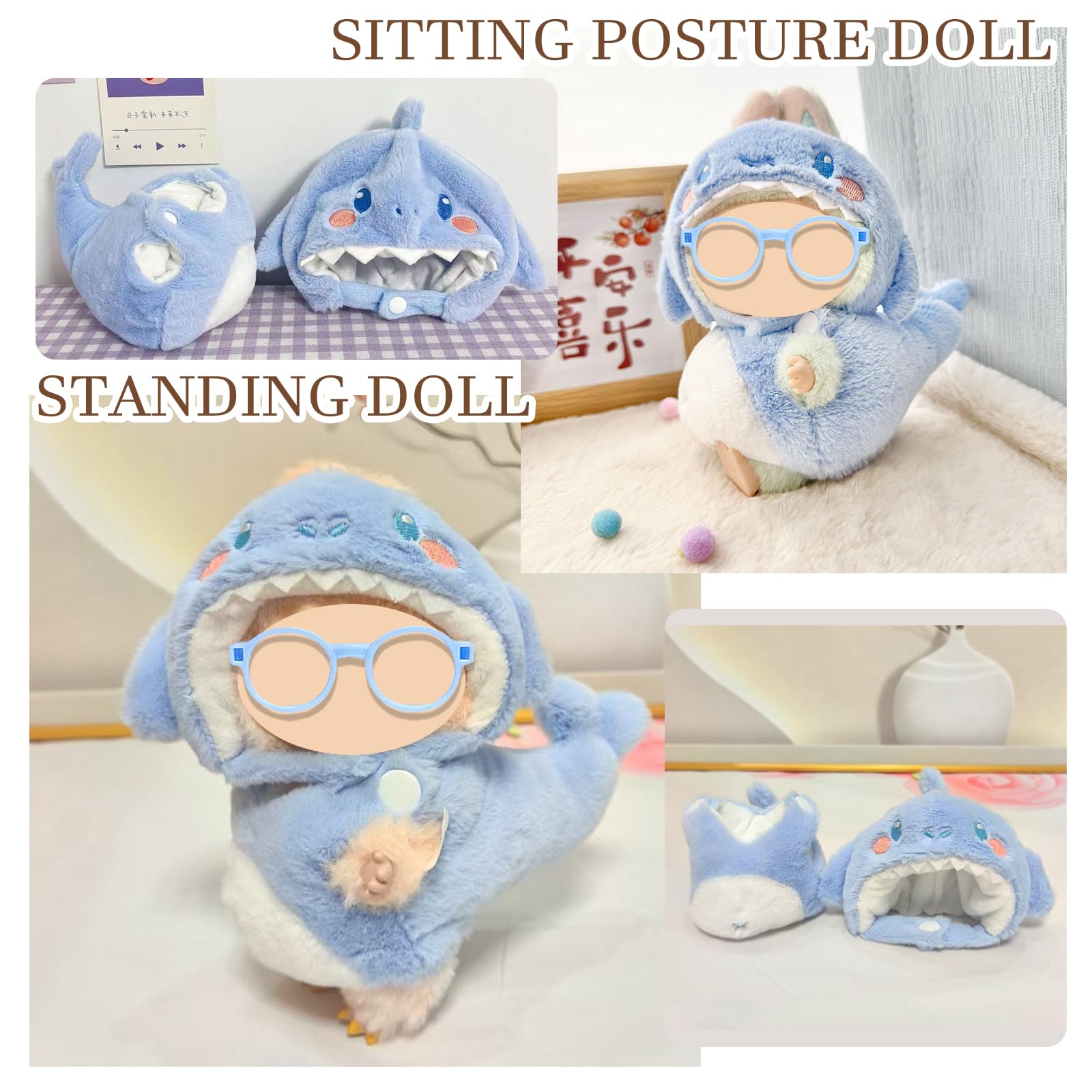 EDLMKM 17cm Doll Clothes Compatible With, Blue Shark Plush Clothes Doll Dress With Blue Glasses - Image 4