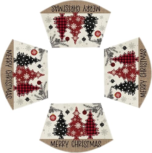 Miniatura 16 de Artoid Mode Juego de 4 Manteles Individuales Redondos con Ornamentos de Árboles de Navidad, Copos de Nieve, Feliz Navidad, 14 Pulgadas, Manteles de