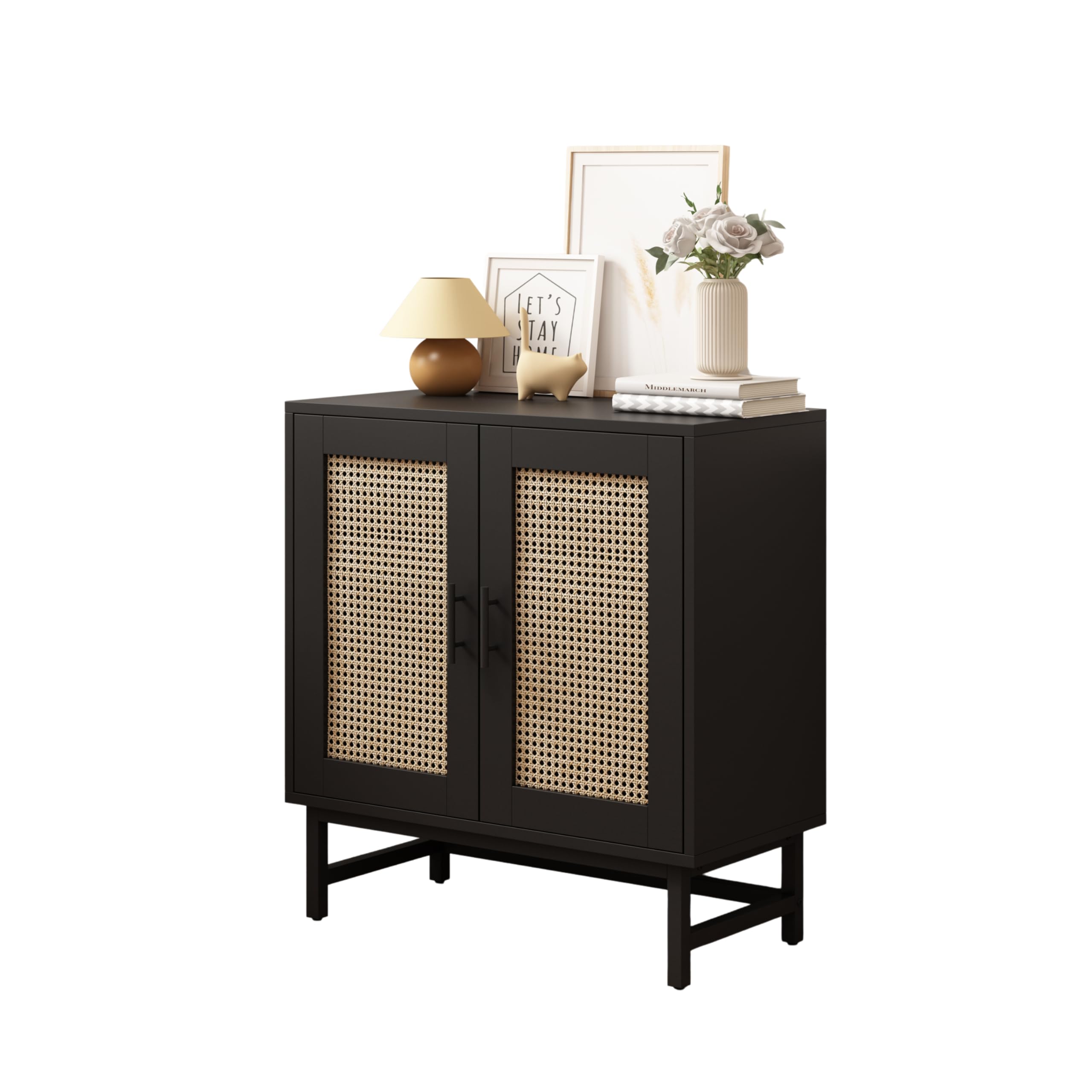 FUSIDE 2 Door Sideboard Storage Unit Cabinet with Metal Frame,Wooden Storage Cupboard for Living Room/Bedroom/Kitchen,Rattan Style,77x37x80cm (Black)