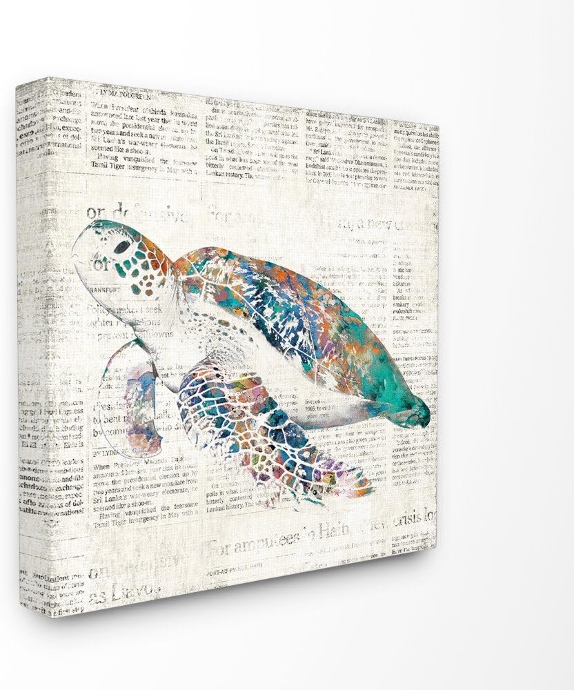 Sea Turtle on Aged Newspaper 30x30 Canvas Wall Art