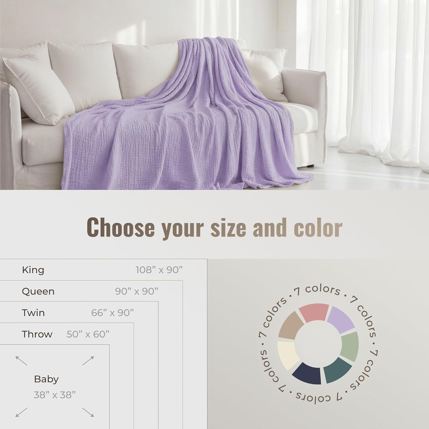 4-Layer Muslin Cotton Bed Blanket Twin Size (66 x 90 inches) – Soft, Breathable, Lightweight All-Season Gauze Blanket, Machine Washable – Lavender