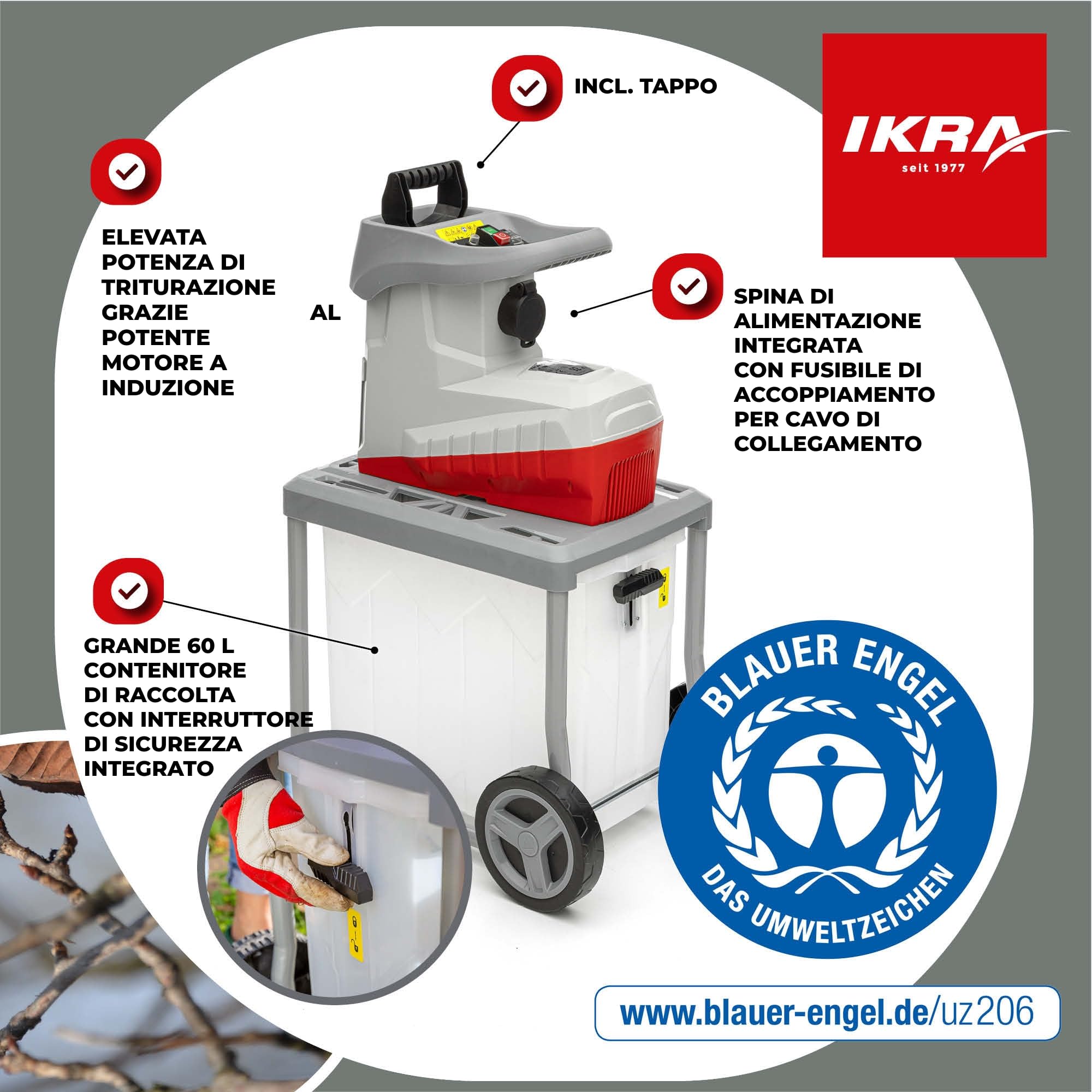 IKRA trituratore elettrico ILWH 3000, per rami Ø 45 mm, Blauer Engel | Motore a induzione, 3000W, alimentazione automatica dei rami, interruttore a levetta per la retromarcia