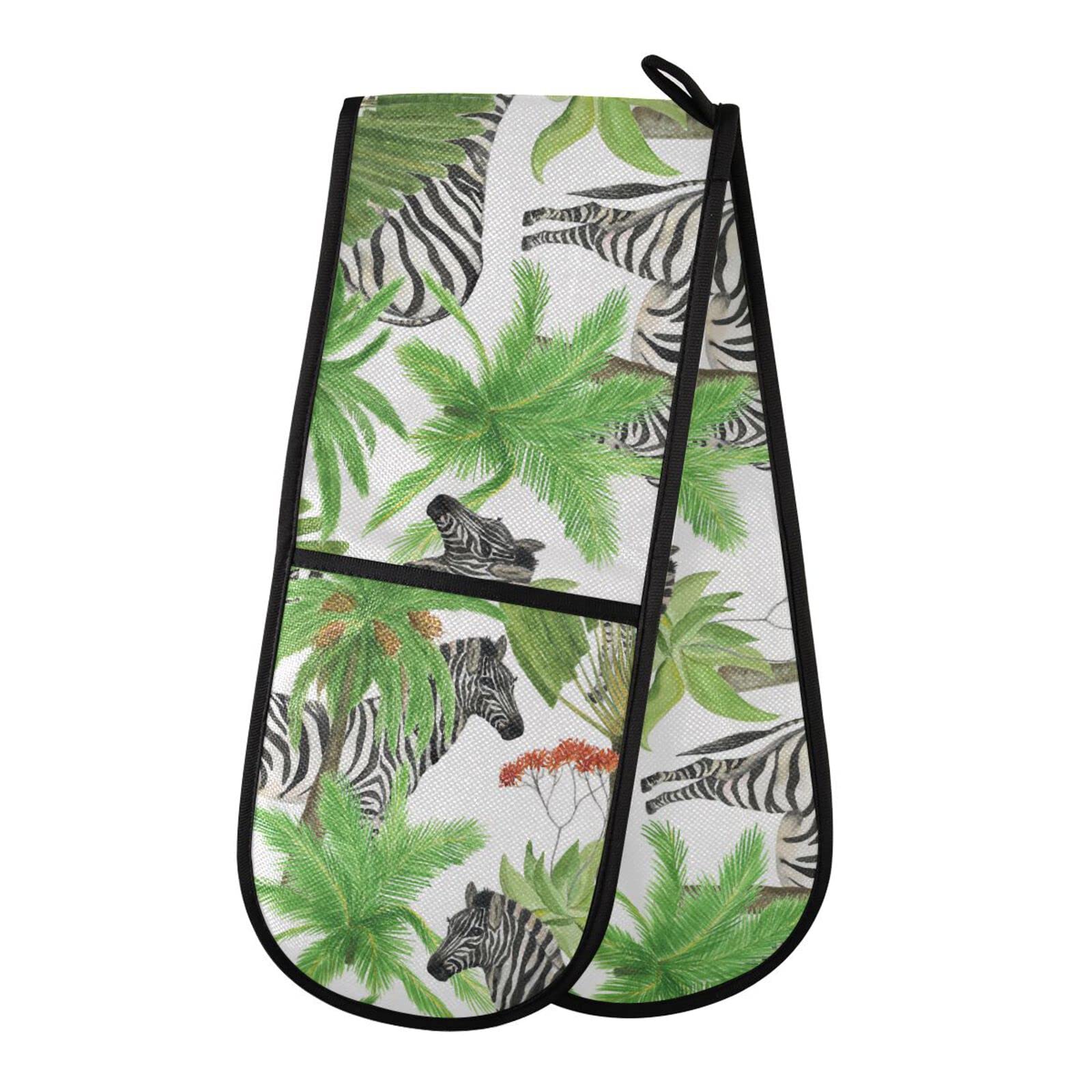 Double Oven Glove Tropical Tree Animal Zebra Heat Resistant Double Ovens Mitt Modern Cooking Gloves Potholders