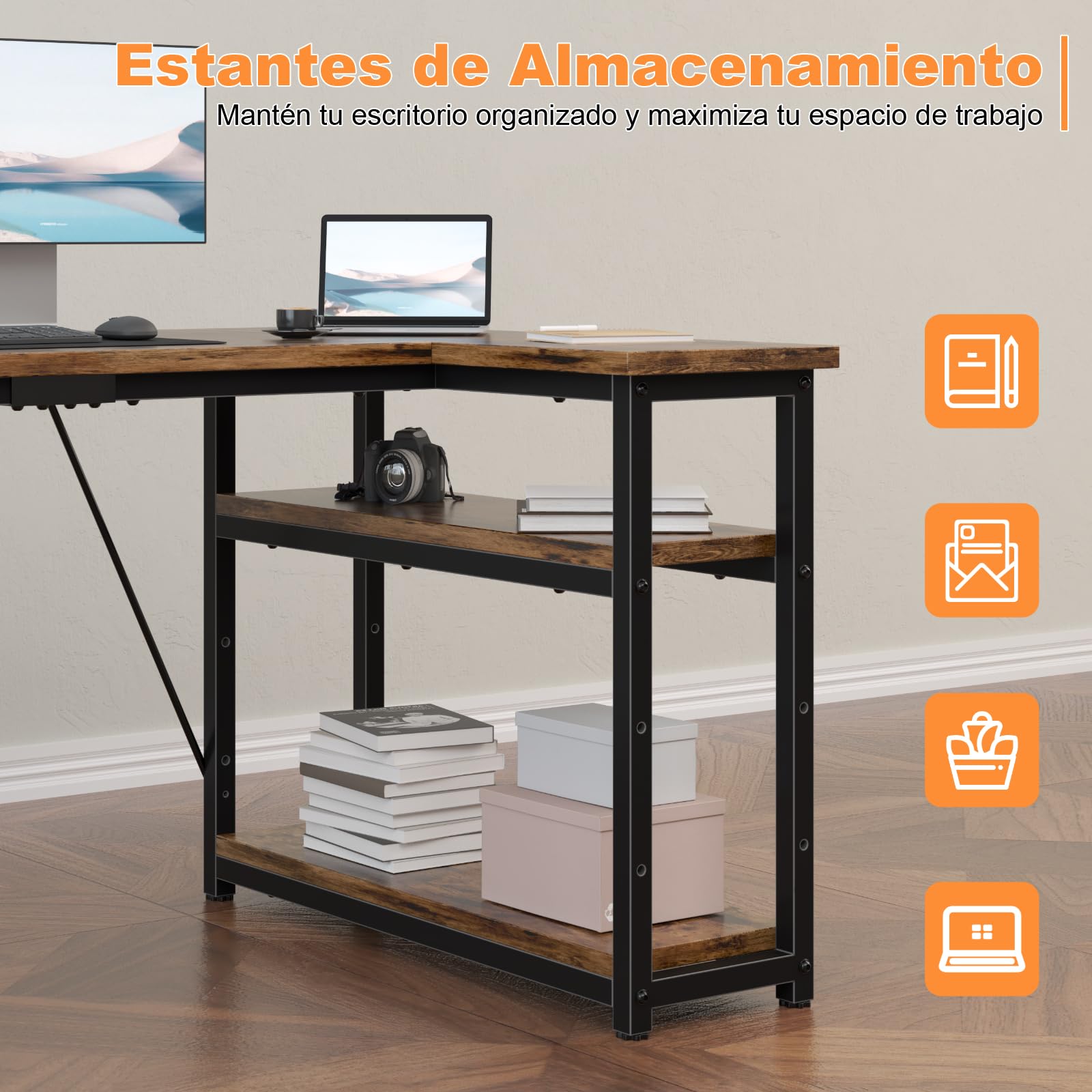 TRIUMPHKEY Escritorio Esquinero en L de 160x80 cm con Almacenamiento, Escritorio de Esquina con Estante Reversible, Estable Mesa Ordenador en L para Oficina, Estudio o Secretaría, Marrón