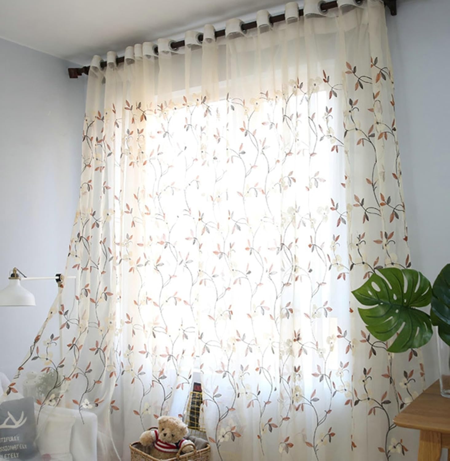 Semi Sheer Curtains 108 Inches Long 2 Panels, Beige Grommet Window Curtains Polyester Flower Embroidered Living Room Sheer Curtains, 54 x 108 Inches