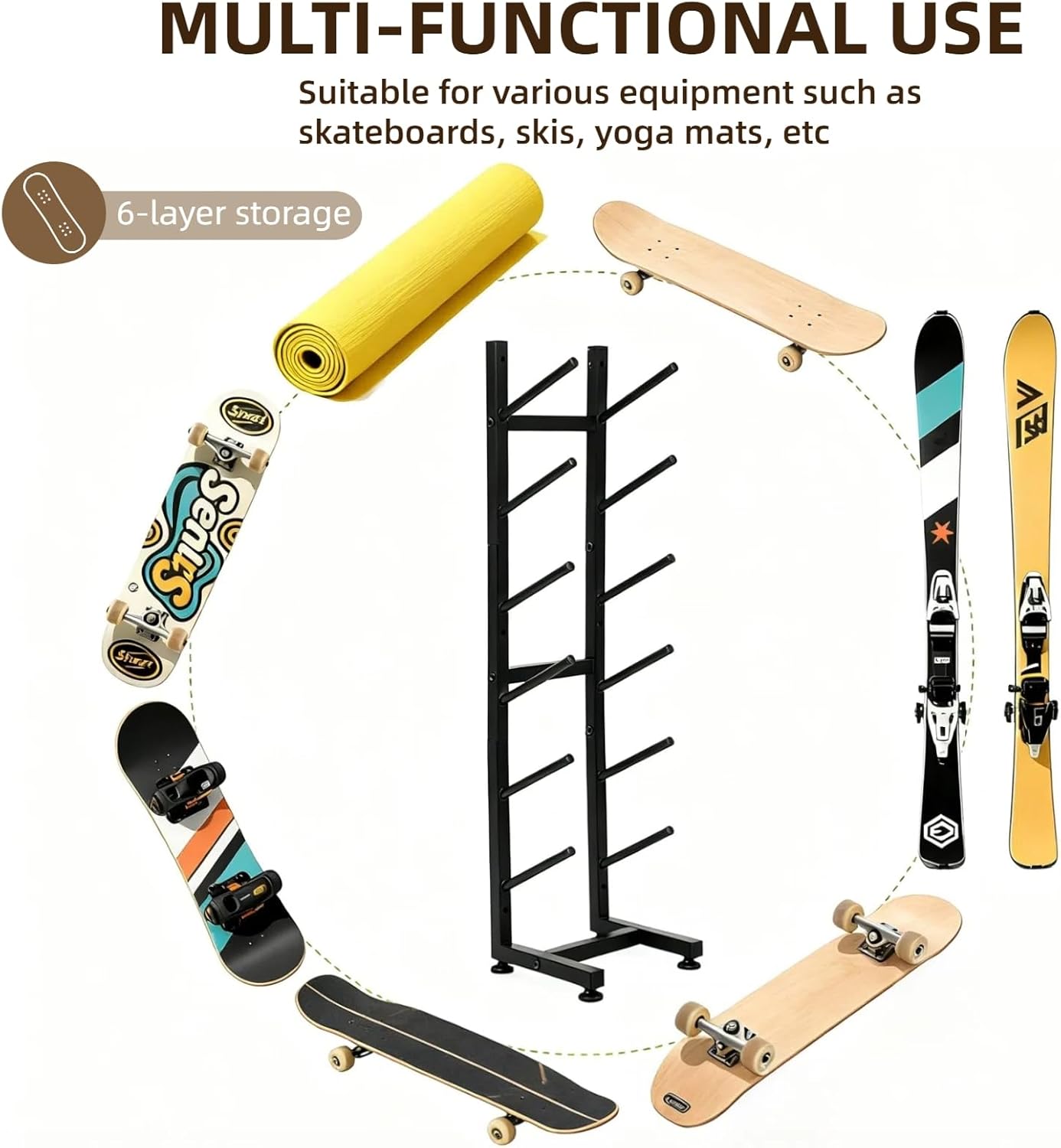 6-Tiers Skateboard Racks Floor Stand, Skateboard Wall Mount, Snowboard Racks, Skateboard Wall Decor For Homes Garages Skate Shops Gym(Black)