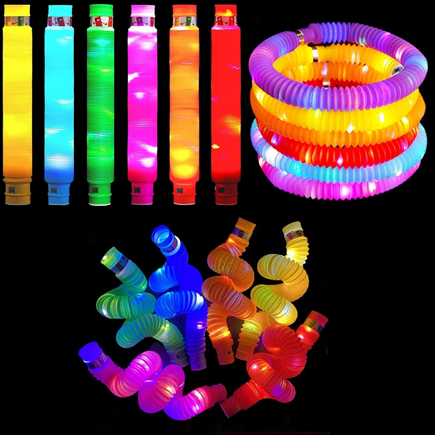 LEYSIN Set of 6 Pcs LED Pop It Tube Toy Pop Ring Pop Pipe Toy with Flashing Light for Kids Playing and Return Gifting Purpose Pack of 1 (Random Color)