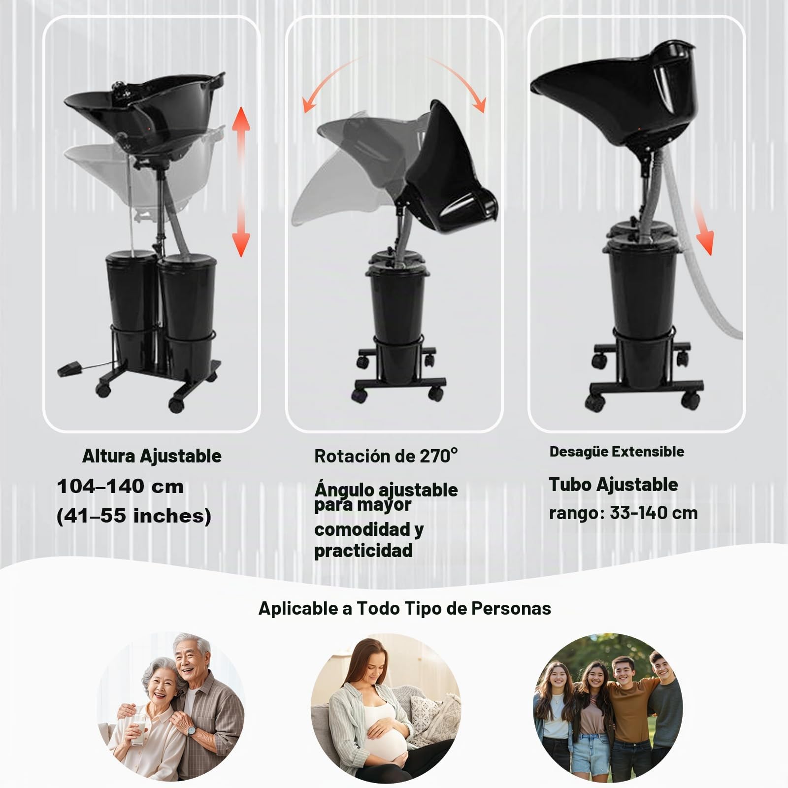 Lavabo portátil con bomba eléctrica, lavabo de pelo ajustable en altura con 2 cubos extraíbles de 10 L y mangueras de drenaje, fregadero de champú para mujeres mayores embarazadas