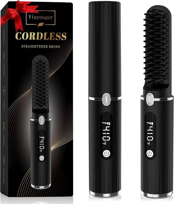 Alisador de barba para hombres – Peine alisador de barba calentado inalámbrico con pantalla LCD, cepillo alisador de barba y pelo, peine caliente, antiescaldaduras y apagado automático, portátil para viajes