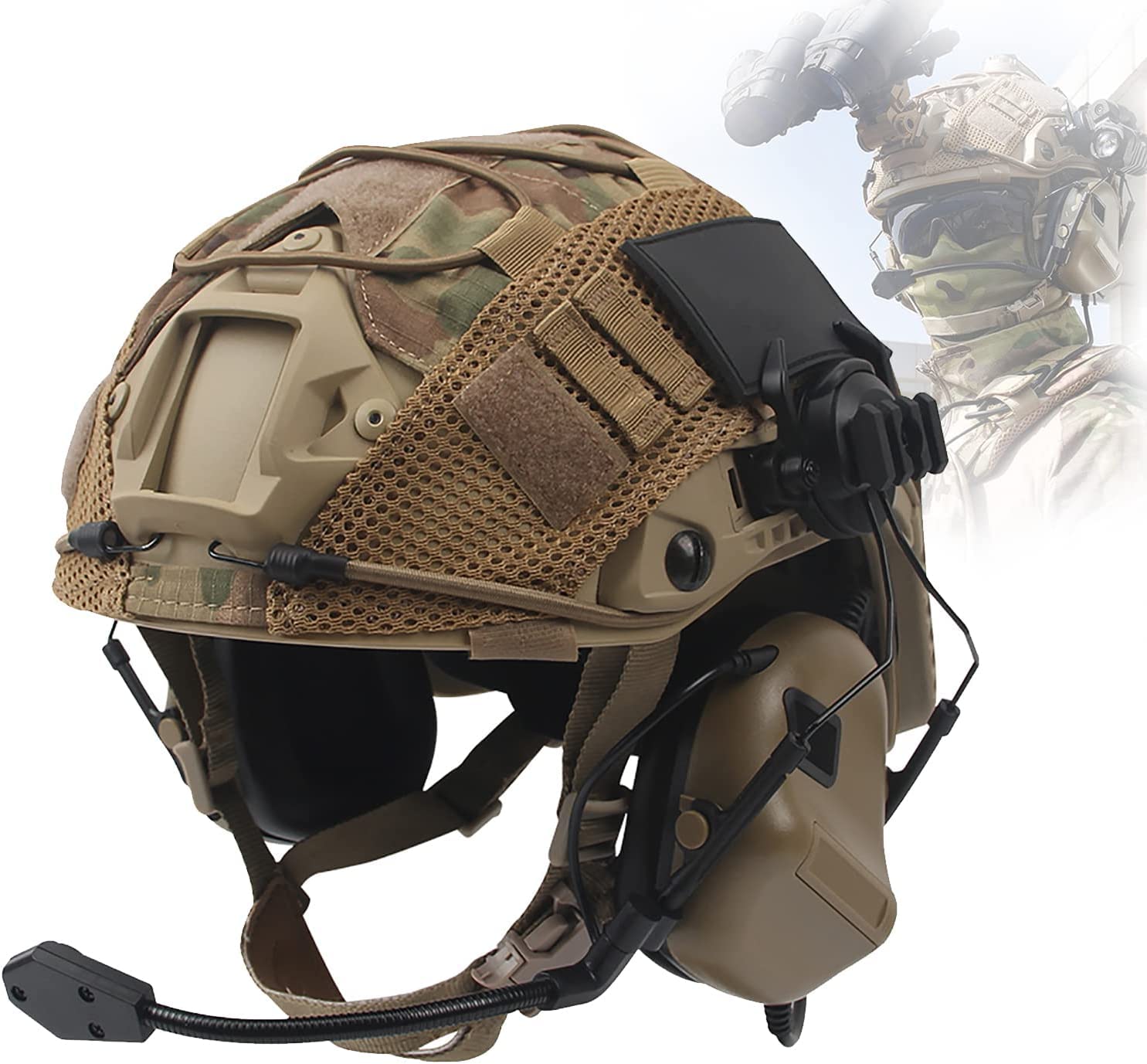 Lzefia Beige Adjustable Tactical Fast Helmet Combined With Headset And Multicam Helmet Cover Outdoor Paintball Hunting Gear For Airsoft Paintball Cs Game Set