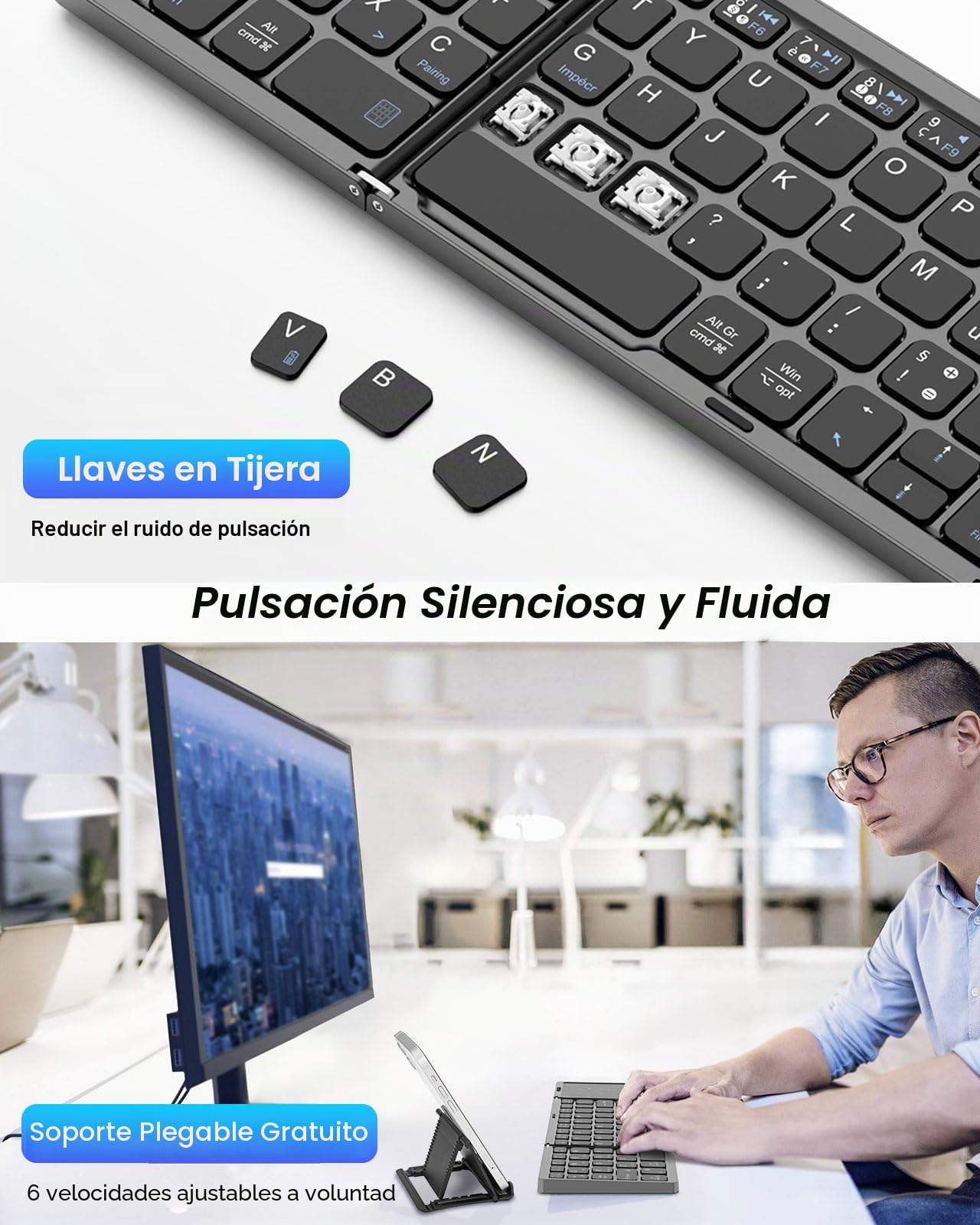 Teclado Bluetooth Plegable, Francés AZERTY, Teclado Portátil Inalámbrico | Plegable con Touchpad y Teclado Numérico, Teclado Recargable Multi Dispositivo para Windows, iOS, Android Tablet/Teléfono