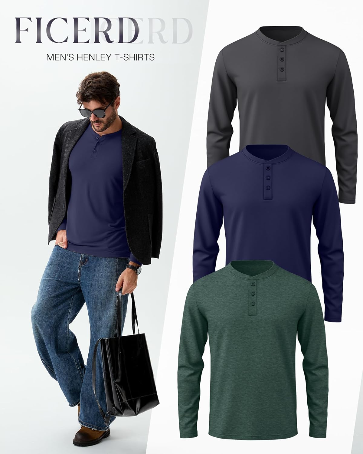 Ficerd 3 Pack Men's Big and Tall Henley T-Shirts Long Sleeve Plus Size Cotton Blend Tee Loose Fit Casual Fall Basic Tops - Image 2
