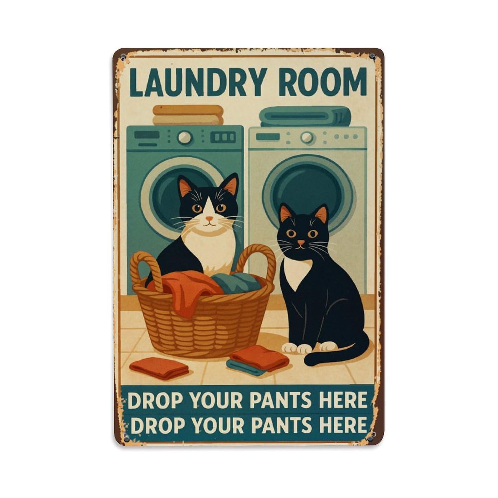 Jdfenggu Vintage Laundry Room Cats Basket Retro Metal Tin Sign, Metal Poster For Bar, Home, Man Cave, Kitchen, Laundry Room Art Decor 8X12 Inch