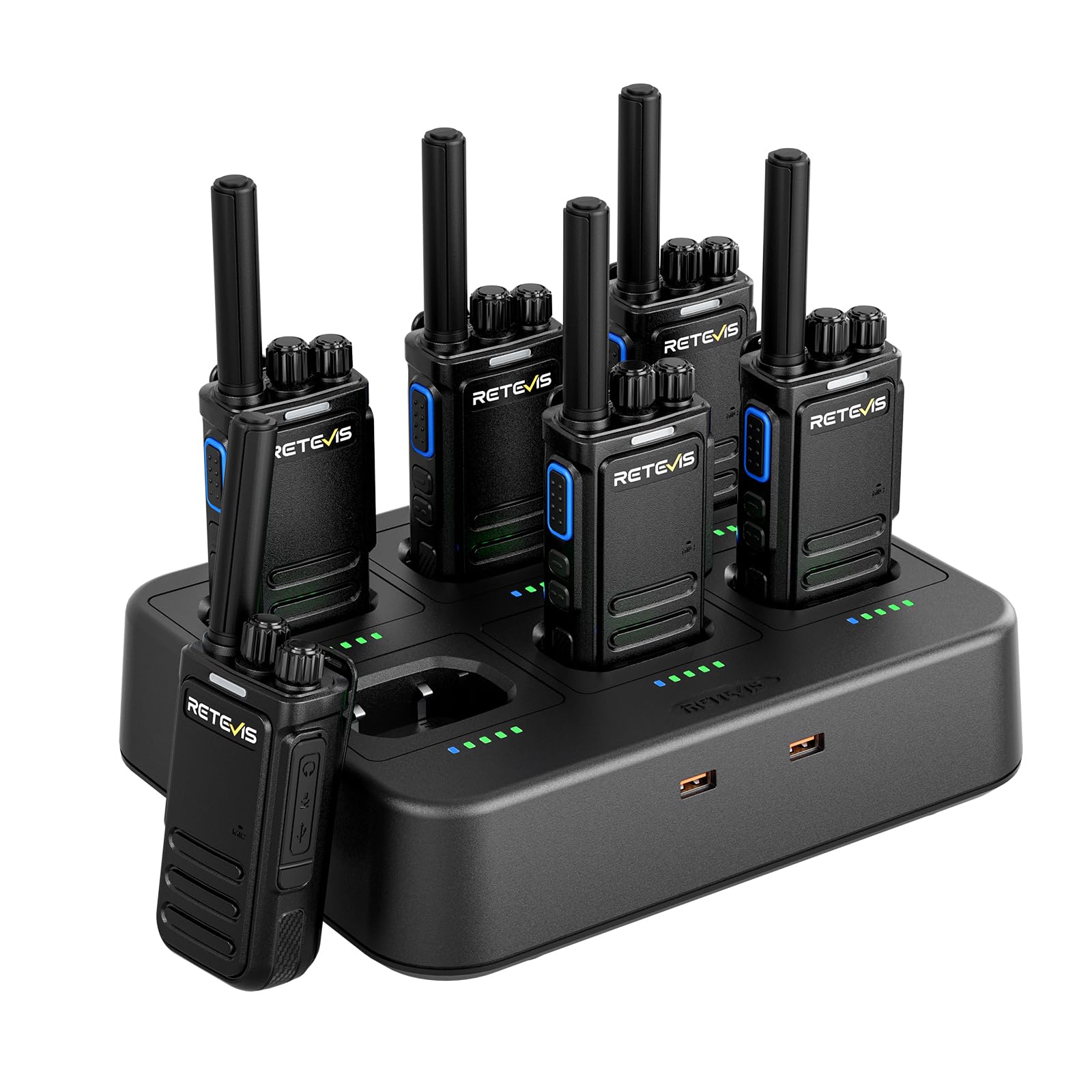 Retevis B64 Walkie Talkies, 6-drożna ładowarka, 2-drożne radio z dwustronną redukcją szumów AI, profesjonalny, solidny zestaw słuchawkowy Walkie Talkie do baru, KTV, klubu nocnego (czarny, 6 opakowań)