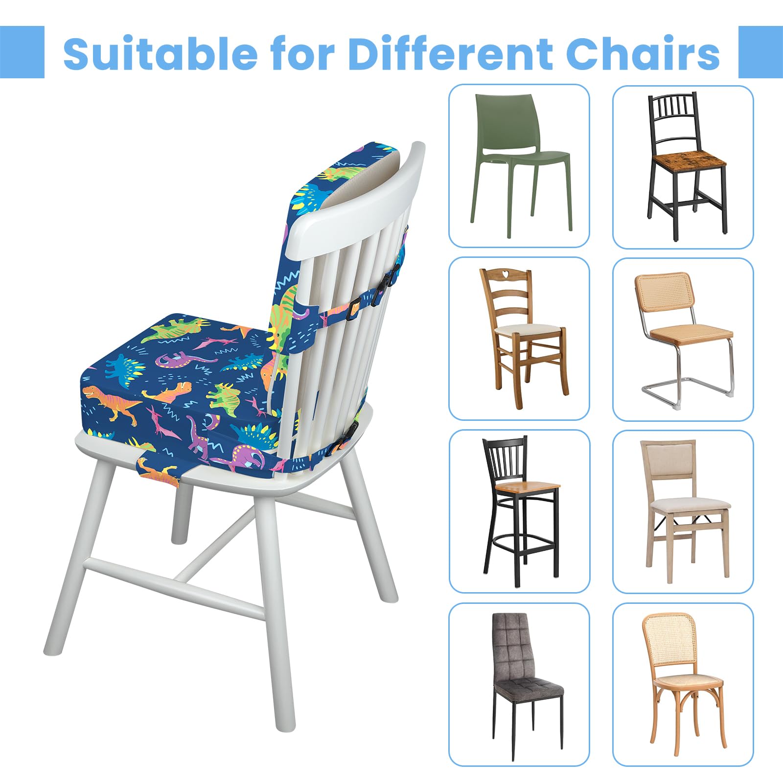 Trona de Viaje, Antideslizante Alzador Silla para Niños Comer con Respaldo para Bebe, 3 Correas Ajustables Lavable Asiento Elevador 36 x 32 x 10 CM - Dinosaurio (Azul Oscuro)