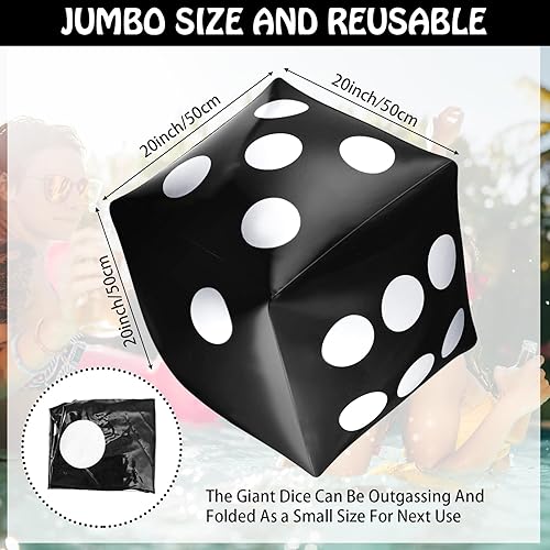 Miniatura 3 de Paquete de 3 dados inflables gigantes gigantes, dados inflables grandes para juegos en la piscina, juguetes para fiestas (negro, 20 pulgadas)