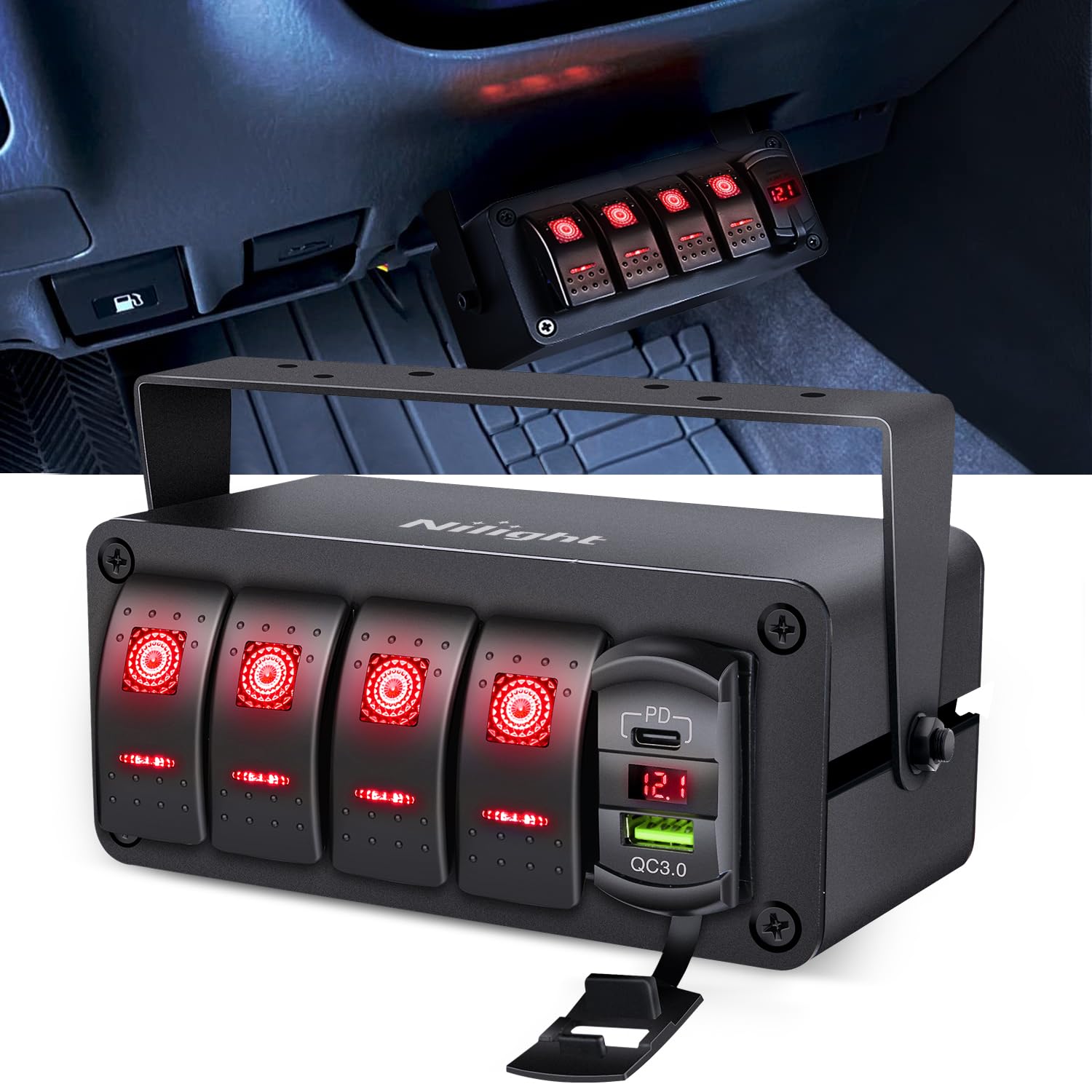 Nilight 4 Gang Rocker Switch Box with Voltmeter PD Type C and USB Socket | 12V 24V SPST ON OFF Switch Red Voltmeter Display DIY Sticker Waterproof Aluminum Panel for Boat Car RV Truck-image-10