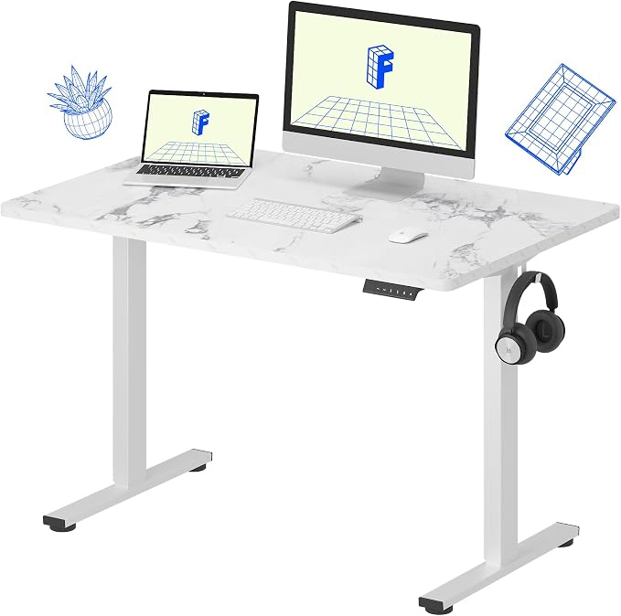 FLEXISPOT EN1 One-Piece Standing Desk 48 x 30 Inches Height Adjustable Electric Desk Sit Stand Desk Home Office Desks (White Frame + Marble Gray Top, 2 Packages)