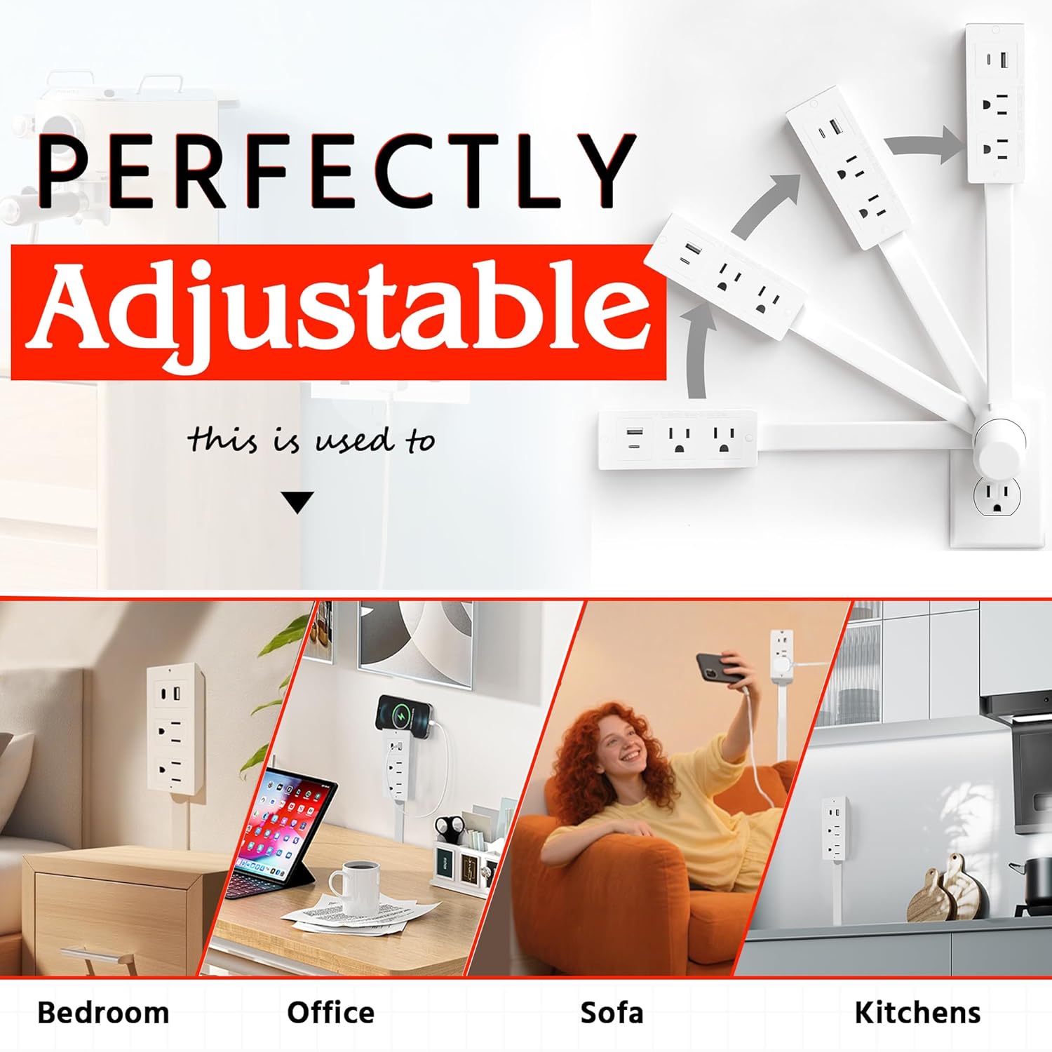 Electrical Outlet Extender,with rotating plug also the rotating outlet extender the 180 with USB-A,USB-C,2-AC .Extends 22,34 inh,Access Hard-to-Reach outlets Use Bihind sofa,Bed,Desk offices and more.
