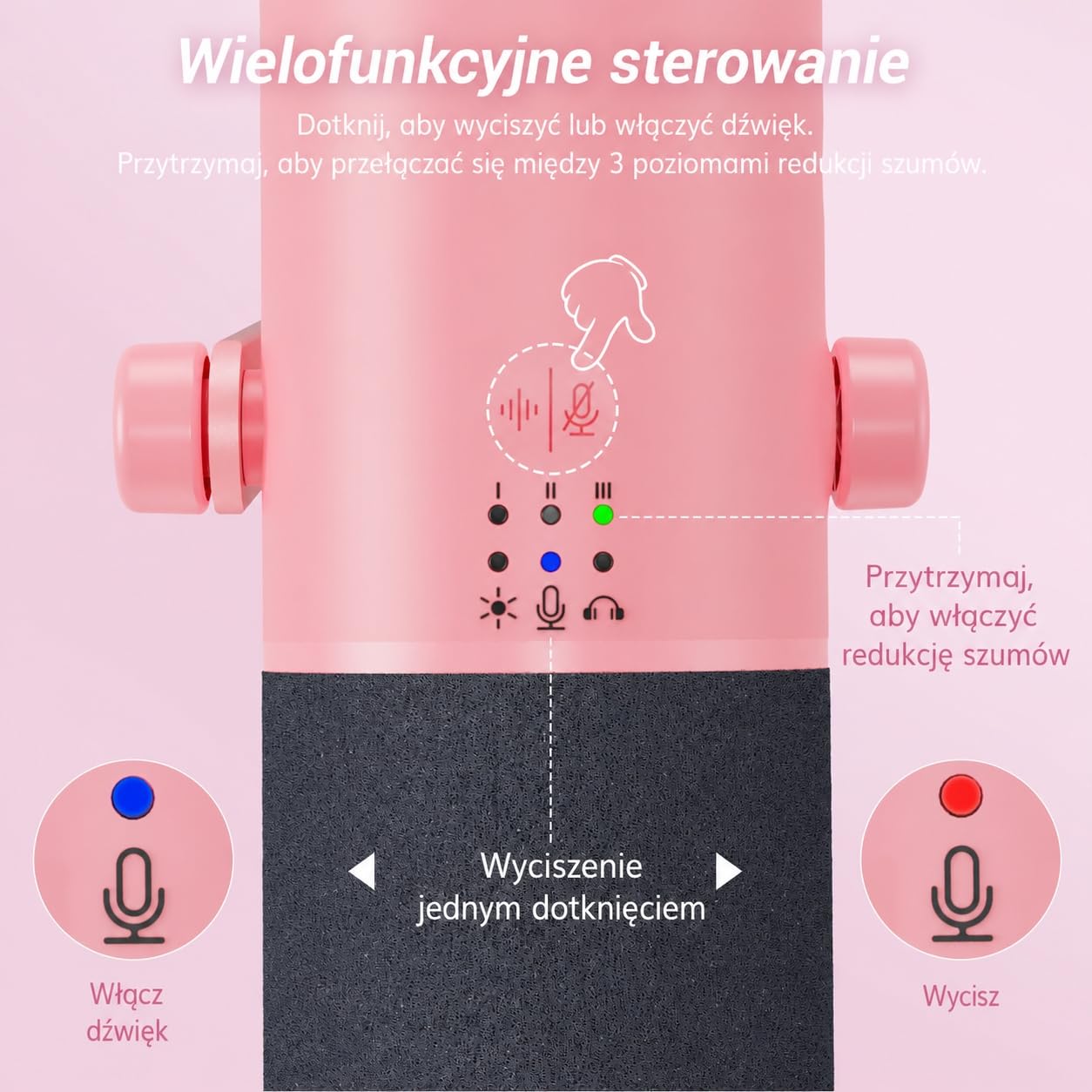TONOR Dynamiczny mikrofon do gier, mikrofon XLR/USB do strumieniowego przesyłania, redukcja szumów AI, sterowany RGB, wyciszenie, gniazdo słuchawkowe 3,5 mm, mikrofon z ramieniem szubienicowym, różowy