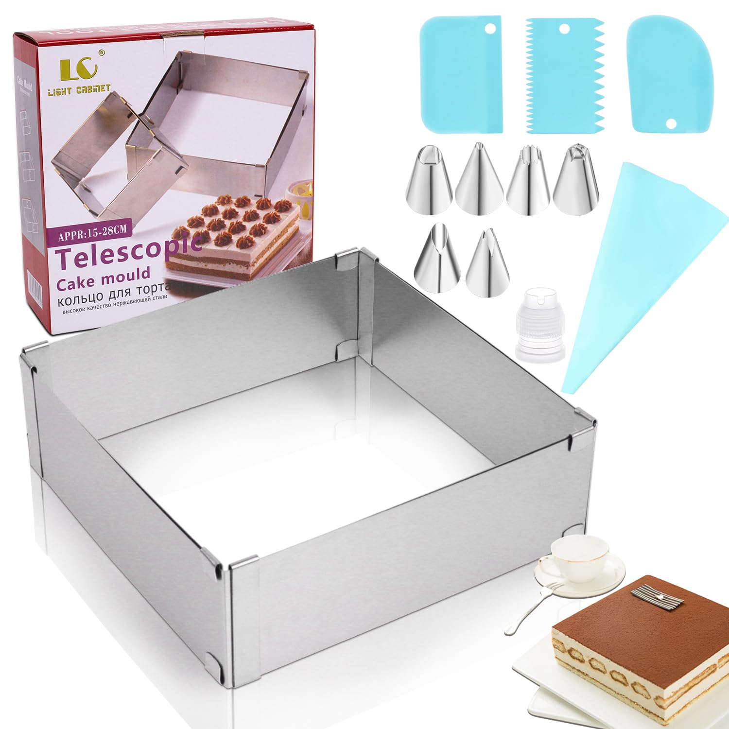 Stainless Steel Baking Frame - Rectangular to Square Adjustable 15-28 cm Cake Ring with Dough Scraper, Piping Bag, Nozzles