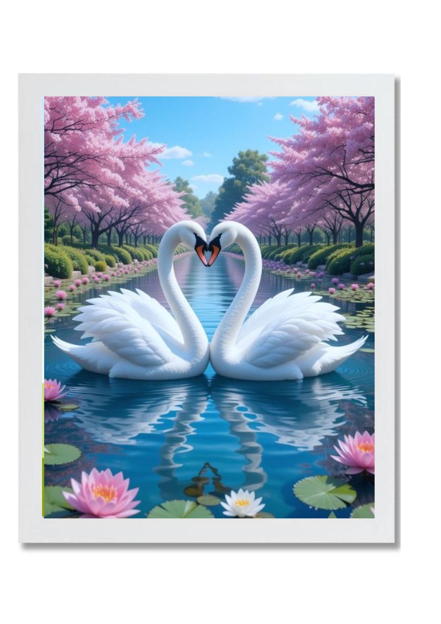 Romantic Swan Pair Wall Art Photo Frame, White Wooden Frame with Plexi-Glass, Cherry Blossom Lake Print-image-13
