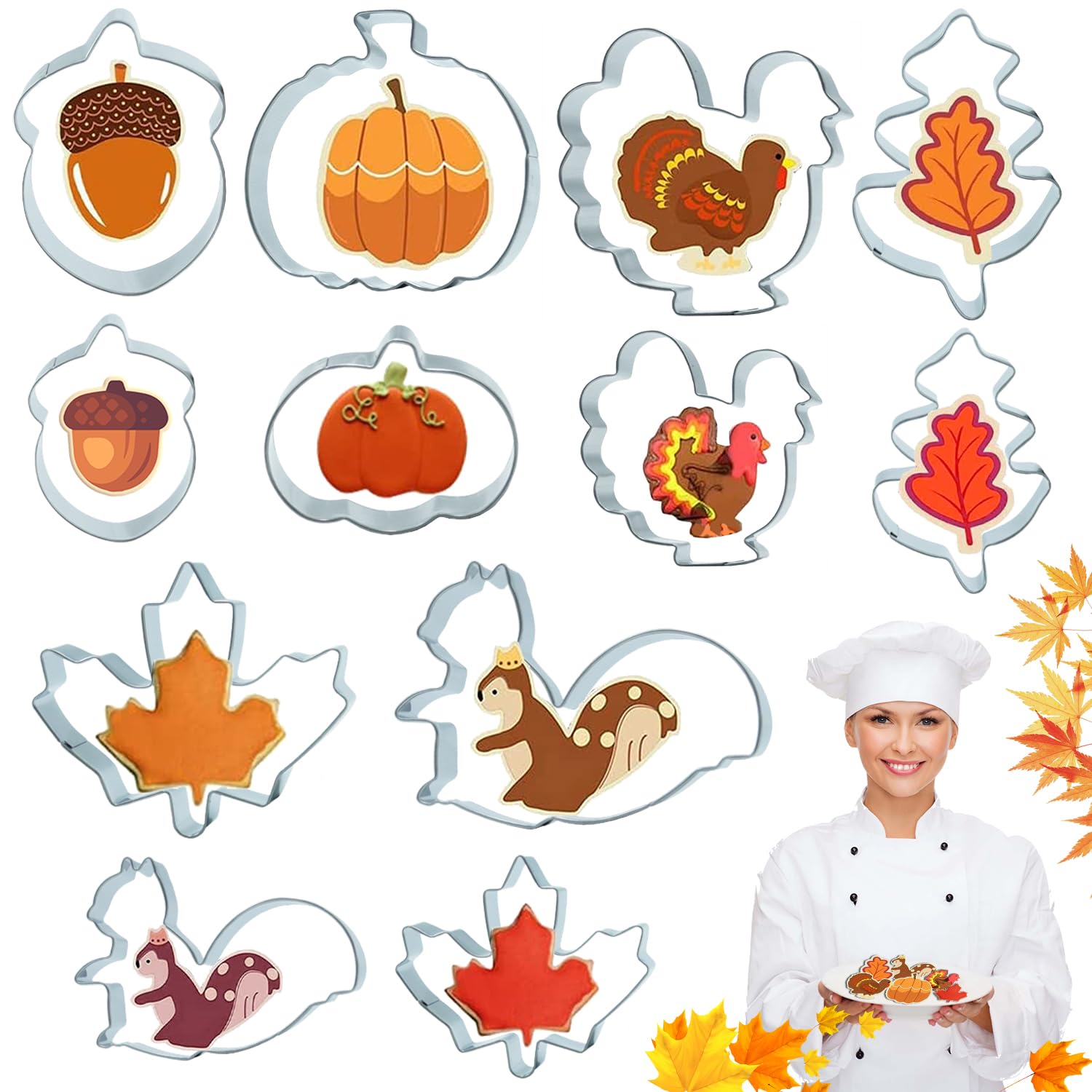 YISKY Formine Biscotti Ringraziamento, 12 Pezzi Set di Formine per Biscotti, 3D Stampi Biscotti Ringraziamento con Foglia D'acero, Scoiattolo, Ghianda, Zucca, Tacchini, Biscotti Autunno Taglierina