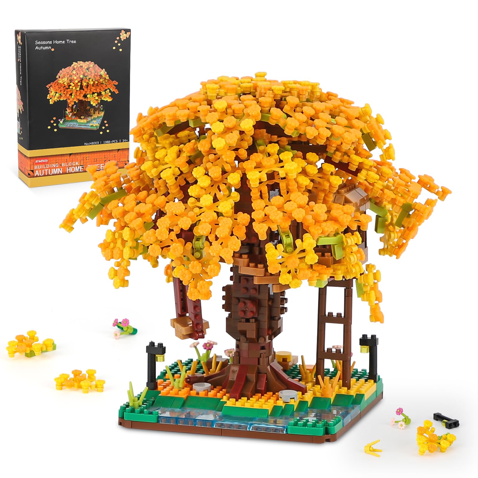Cherry Blossom Bonsai Tree Mini Micro Building Blocks Set, 1988PCS Japanese Flowers Tree House Model for Adults, Flowers House Mini Bricks Building Kit Gift for Girls Boys Kids 14+ (Autumn)