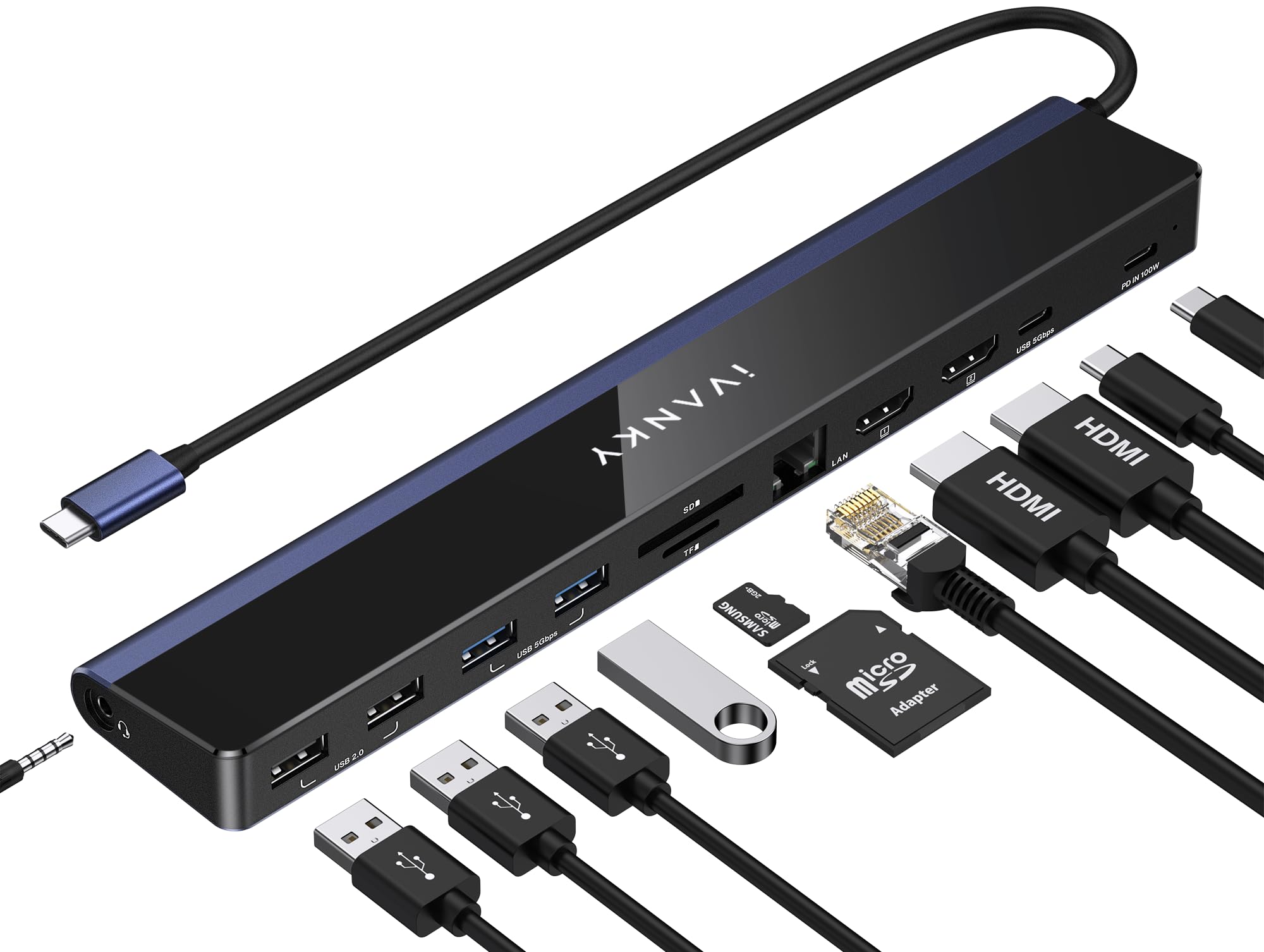 iVANKY 12-in-1 Laptop Docking Station USB C met 100W-Netwerkadapter, 4K@60Hz Dubbele Monitor Dockingstation voor Windows, Lenovo, Thinkpad, Dell, HP, ASUS, Surface, enz
