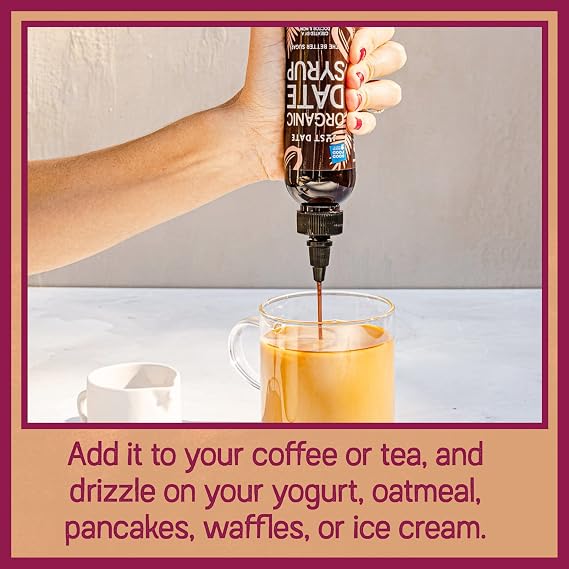 Just Date Organic Date Syrup / 100% Pure Organic Date Sweetener / 30% Less Sugar than Honey, Maple and Agave/Low Glycemic Index & Nutrient-dense/Six 8.8 oz Squeeze Bottle