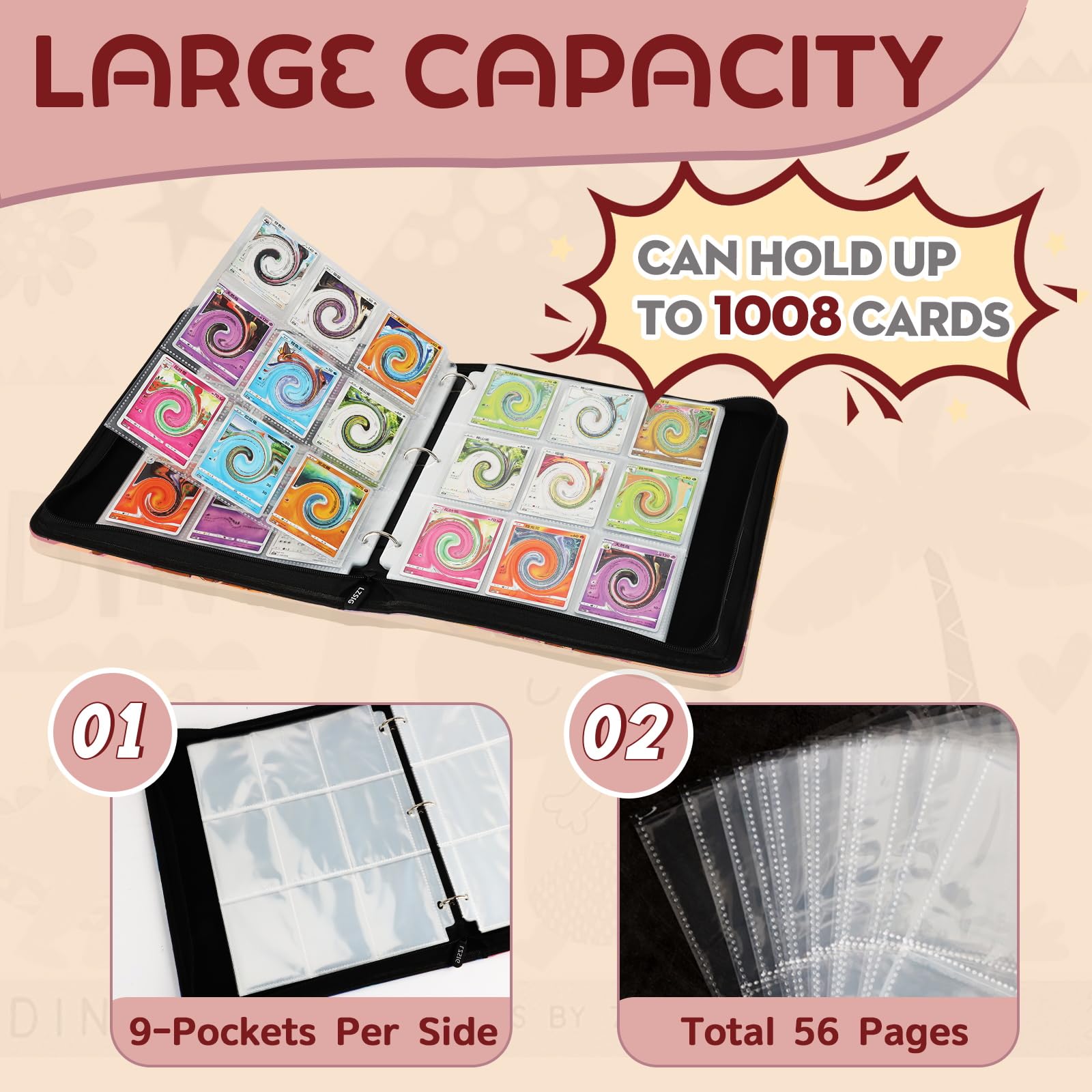 LZSIG Raccoglitore per carte a 9 tasche, può contenere 1008 carte con 56 maniche rimovibili, libro sportivo con cerniera a 3 anelli compatibile con TCG, MTG e carte da gioco, album da collezione di