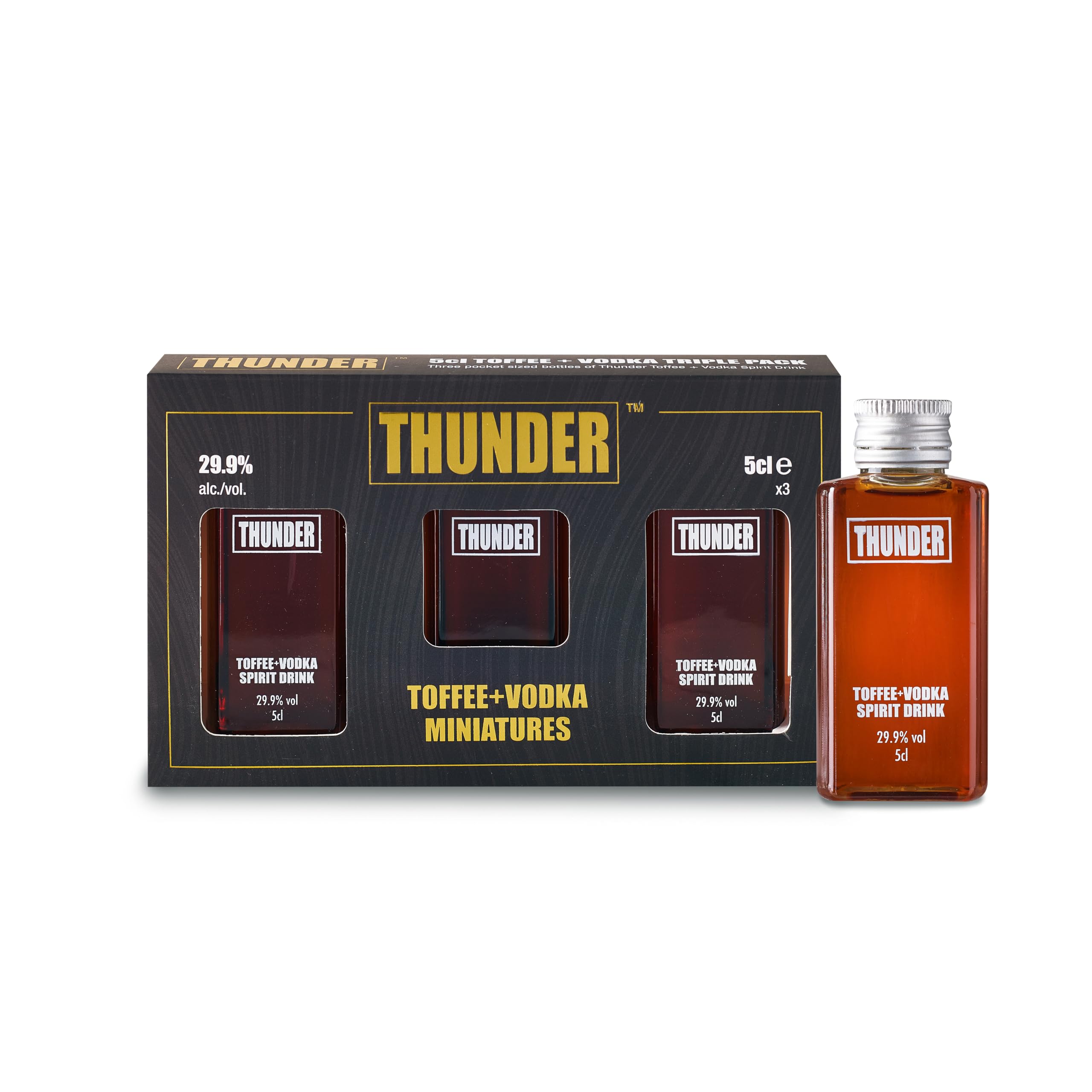 Thunder Toffee Vodka - Flavoured Vodka Mixed with Toffee - Premium Vodka Bottled and Distilled Five Times - Crafted in the UK - 29.9% ABV - 3 x 5cl Bottles