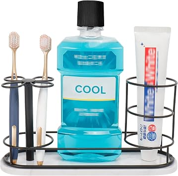Toothbrush Holder Stand for Bathroom, Metal Toothbrush Organizer with Marble Base, Toothbrush Storage Collection for Family, Suitable for Home Hotel Countertop Vanity Large, Matte Black
